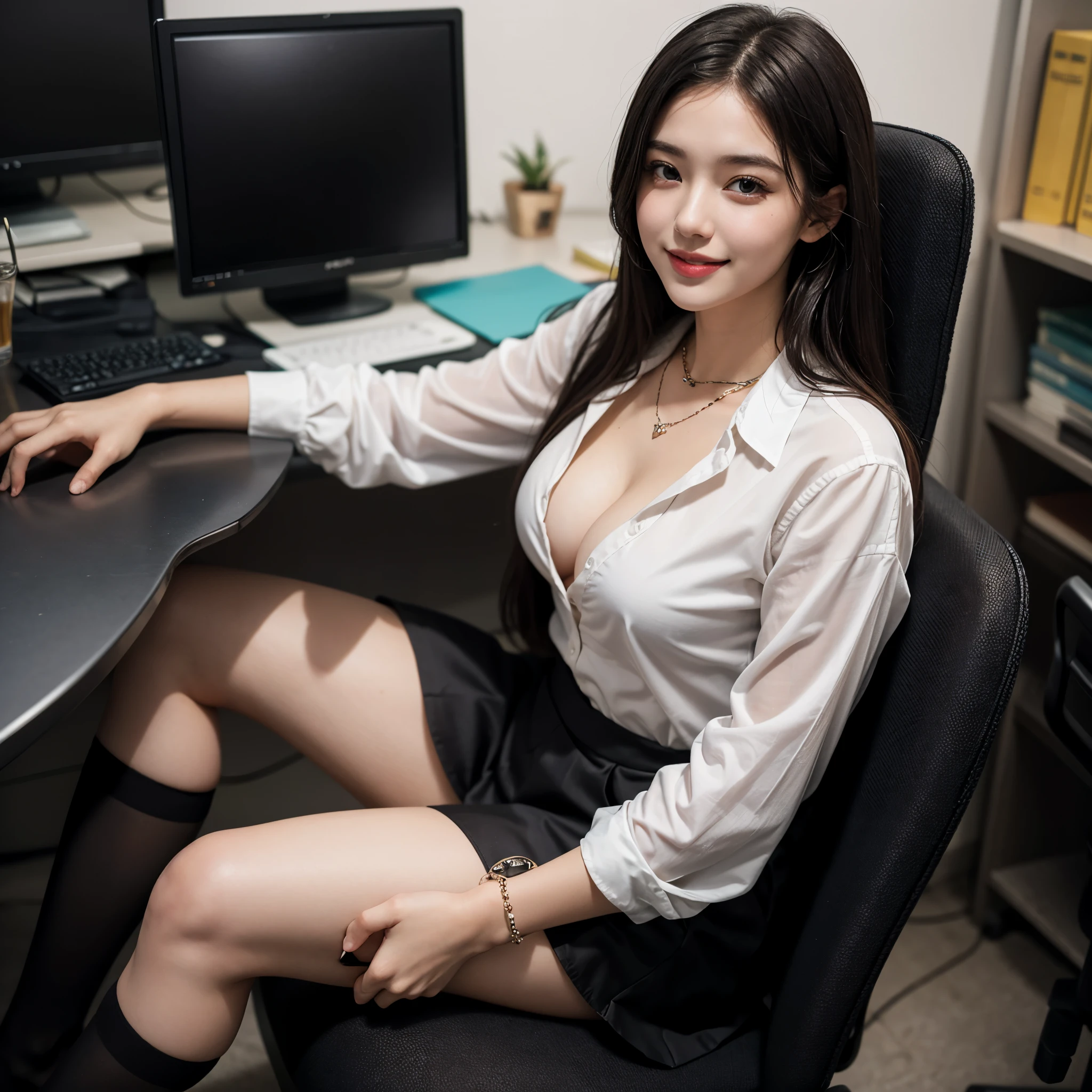16k, Best Quality, (Beauty), High Definition, Realistic, RAW quality, Full Body , 20 Years Old woman in the office, perfect Figure, medium Bust, Office Uniform with short tight skirt, Black Stockings, sitting on a chair with legs slightly open, seductive smile, cleavage, necklace