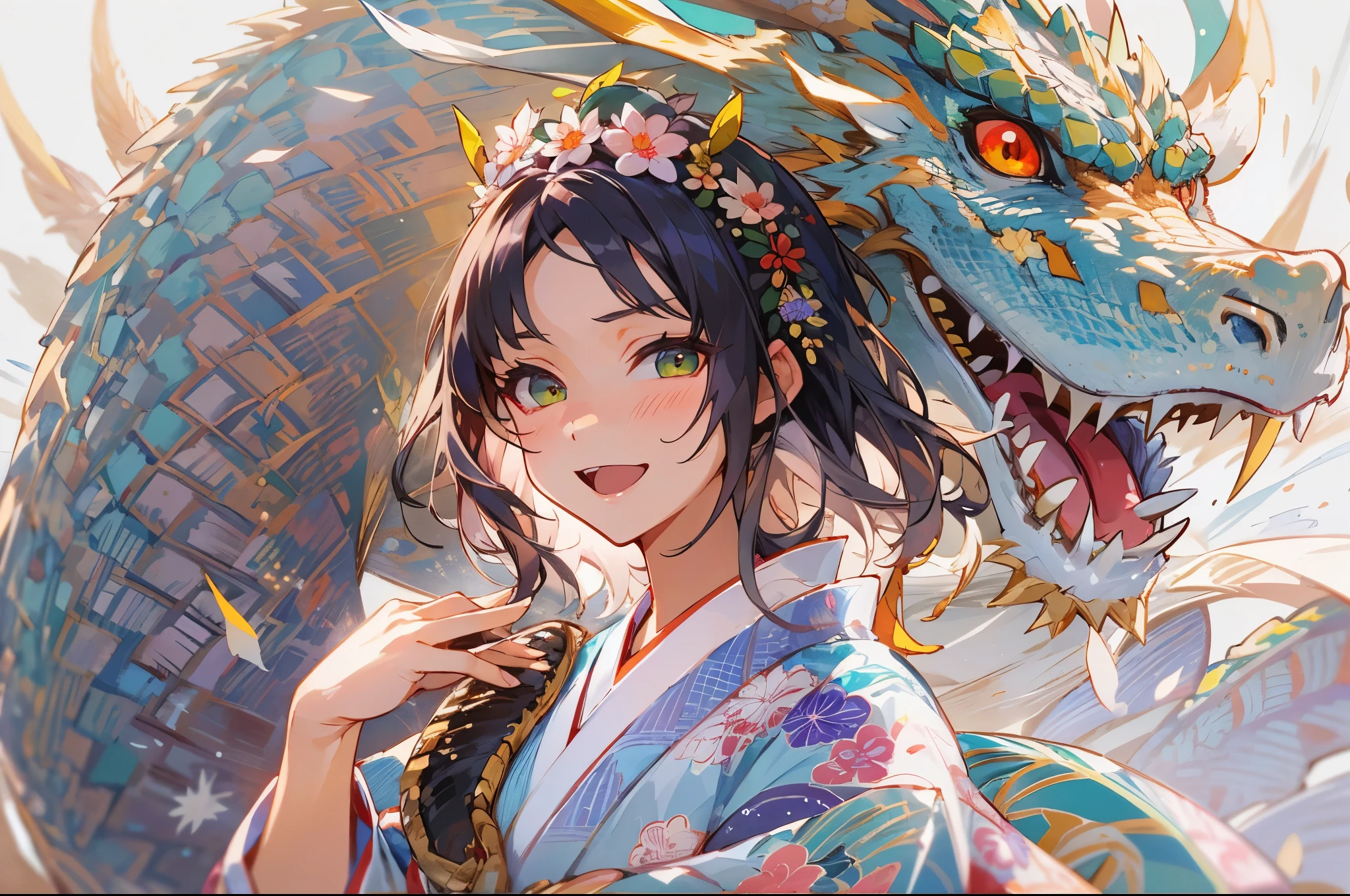 masutepiece,best quality,ultra-detailliert,In 4K,superfine illustration,very detailed beautiful face and eyes,Beautiful background,Professional Lighting,1girl in, (Dragon Girl), (dragon horn), (dragon tail),(Medium bust:1.2), (Medium Hair:1.5),glamor,(Floral kimono, Komono, intricate pattern clothes),Winters,New Year,soft clean focus, Elegant,Active Angle,Dynamism Pose, pantomime art、expressive body language、silent storytelling、visual narratives、looking at the viewers、((Confident Smile))