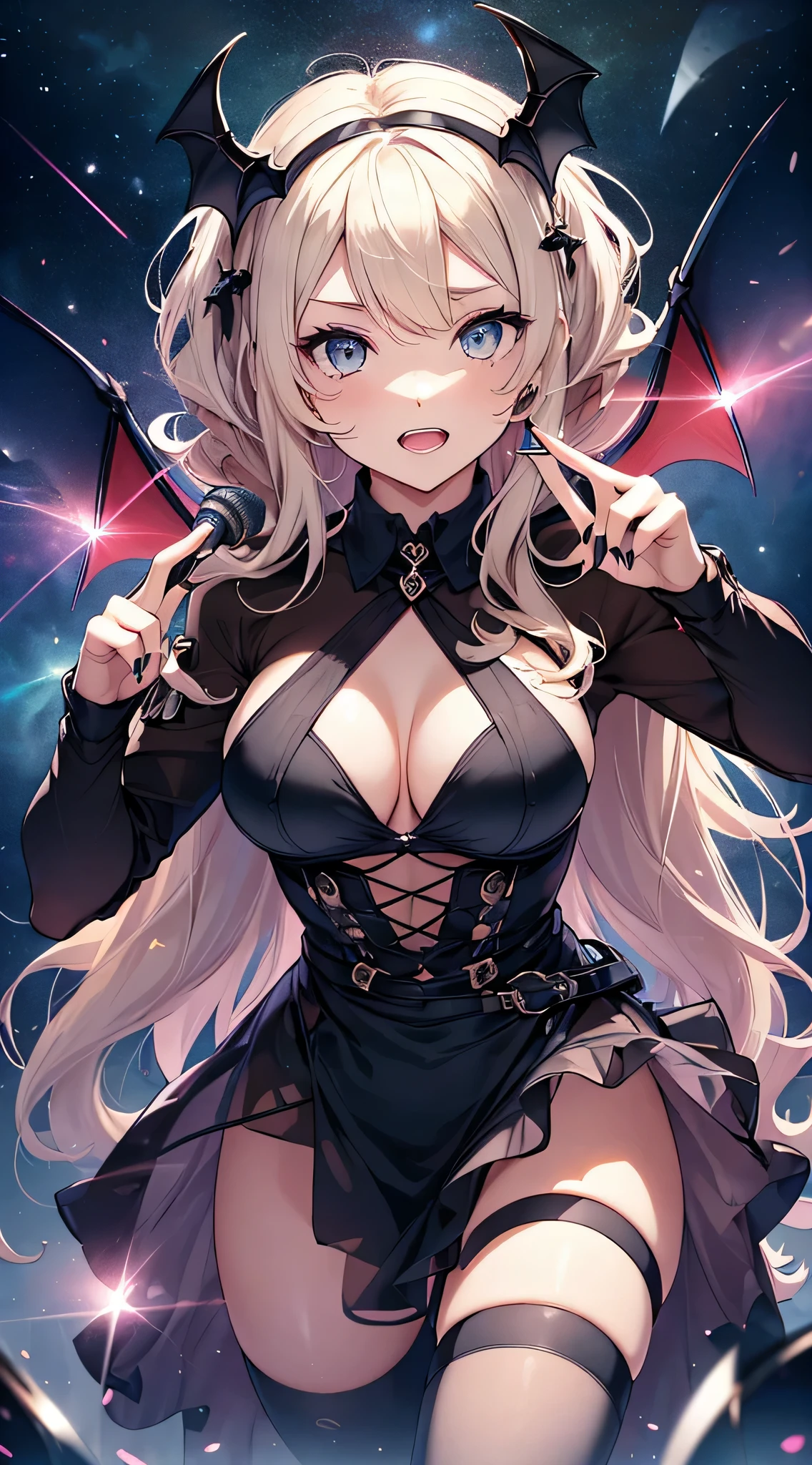 top-quality、Top image quality、masterpiece、 girl((18year old、 Ager、Best Bust、Medium bust,wide open breast tea、Golden Eyes, a blond、poneyTail、A slender,Highest valley、black vampire skirt、vampire makeup、Black wings、White powder makeup、red nail polish、Goth Loli Fashion、vampire teeth、Black underwear、claw pose、Open your mouth wide to the maximum、Spinning Pose、holding the mic、Leaning forward、Bat hair ornament)),High quality、beautiful art、Background with((Night Live House、red laser light、Blue laser light、random laser points、Virtual space)),masutepiece、Depth of the bounds written、movie、visual art、Perfect Art、POV POV Perspective