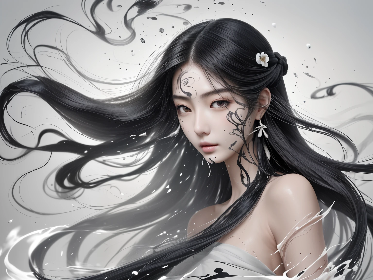 ancient wind,sideface,floated hair,Long hair that spreads out,美丽的sideface,exquisite facial features,Splash ink art,Rich layering