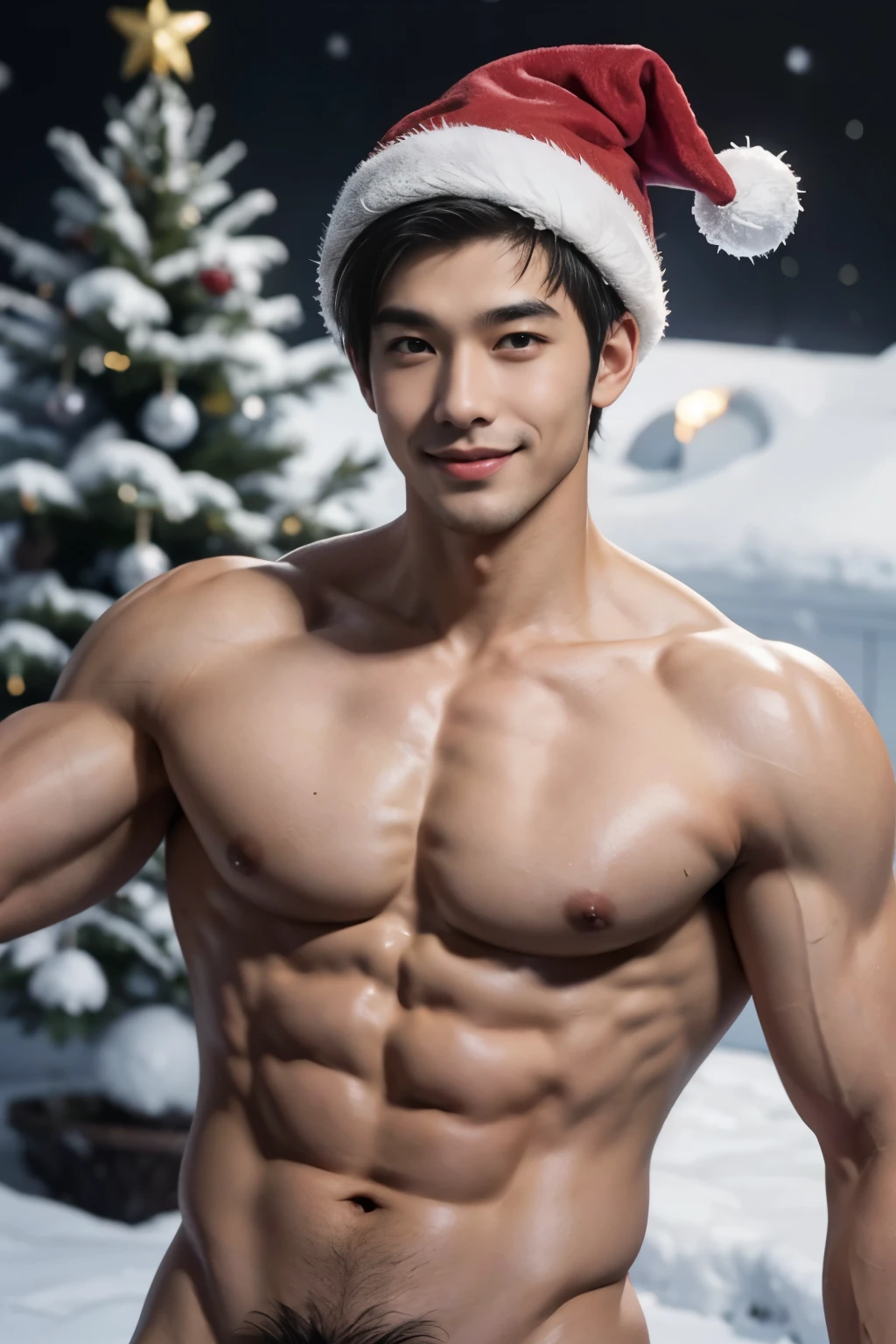 Young man,asian, cute ,smiling, handsome, muscular, Santa claus style, silver hair, santa's hat, abs, shirtless, athletic physique, slender, no body hair, wearing nothing, completely naked , Realistic, fully naked, nude, perfect , male , correct male scrotum, perfect scrotum, male structure, correct male genitelia, huge and veiny male genitelia, hard male genitalia, erect male genitalia, bulging , full body, night, snowy, snowman, christmas tree, gifts