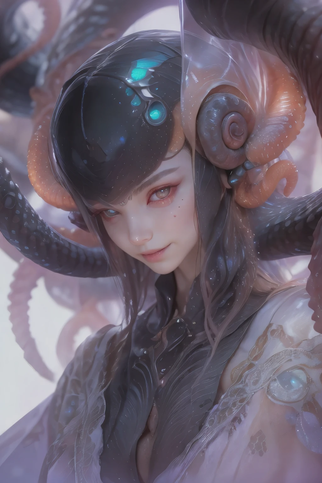 Portrait, (beautiful female alien:1.2), (she has red eyes with no pupils:1.8), (Translucent skin:1.7), (There is a female genital-like organ in the middle of the forehead:1.9), (The most beautiful face in the history of the universe:1.2),an evil gaze that seduces, (large mouth:1.1), (sharp teeth like a vampire:1.2), Full body like, (bio luminescent:1.5), (Smile wickedly:1.3), (sexypose:1.5), alien, No humans, cells are fused, (Lots of translucent tentacles:1.3) extraterrestrial, cell, bio image, Best Quality, 8K,4K_quality, High Definition, Dramatic Lighting, masutepiece:1.5,cinematic quality, detail up, (Intricate details:1.2), High resolution, High Definition, drawing faithfully, (Thick eyebrows:1.2), Beautiful eyes with fine symmetry,(Highly detailed face and eyes:1.2), Intimate face, (Super detailed skin quality feeling:1.4), Perfect Anatomy, (Beautiful toned body:1.5), (Moist skin:1.2), No makeup, (dark circles:1.1), long canines, cinematic drawing of characters, ultra high quality model, cinematic quality, detail up, (Intricate details:1.2), High resolution, High Definition, drawing faithfully, Official art, Unity 8K wall , 8K Portrait, Best Quality, Very High resolution, ultra detailed artistic photography, midnight aura, unreal engine 5, Ultra Sharp Focus, art by alberto seveso, ArtGerm, Roisch, intricate artwork, best quality, masutepiece, ultra High resolution, (photos realistic:1.4), Ultra-realistic realism, dream-like, nautilus, Creation of fantasy, Snail, Dream Snail, (biopunk nautilus:1.3), Thrilling color schemes, Ultra-realistic realism, seductively smiling, Blue tentacles,