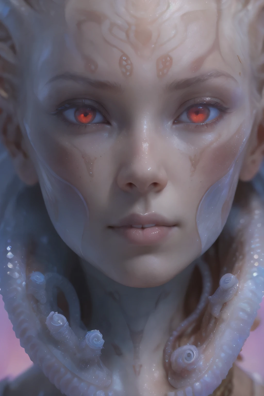 Portrait, (beautiful female alien:1.2), (There is a female genital-like organ in the middle of the forehead..:1.8), (The most beautiful face in the history of the universe:1.2), (scarlet eyes:1.6), (Translucent skin:1.8), an evil gaze that seduces , (red eyes:1.5), Full body like, (sexypose:1.5), alien, No humans, cells are fused, (Lots of translucent tentacles:1.1) (Translucent skin:1.3), extraterrestrial, cell, bio image, 魅惑的, Best Quality, 8K,4K_quality, High Definition, Dramatic Lighting, masutepiece:1.5,cinematic quality, detail up, (Intricate details:1.2), High resolution, High Definition, drawing faithfully, (Thick eyebrows:1.2), Beautiful eyes with fine symmetry, (Ultra detailed eyes:1.2),(Highly detailed face and eyes:1.2), (High-resolution red-eye:1.4), Intimate face, (Super detailed skin quality feeling:1.4), Perfect Anatomy, (Beautiful toned body:1.5), (Moist skin:1.2), No makeup, (dark circles:1.1), long canines, cinematic drawing of characters, ultra high quality model, cinematic quality, detail up, (Intricate details:1.2), High resolution, High Definition, drawing faithfully, Official art, Unity 8K wall , 8K Portrait, Best Quality, Very High resolution, ultra detailed artistic photography, midnight aura, unreal enginee 5, Ultra Sharp Focus, art by alberto seveso, ArtGerm, Roisch, intricate artwork, Medusa, best quality, masutepiece, ultra High resolution, (photos realistic:1.4), Ultra-realistic realism, dream-like, nautilus, Creation of fantasy, Snail, Dream Snail, biopunk nautilus, Thrilling color schemes, Ultra-realistic realism, seductively smiling, Blue tentacles