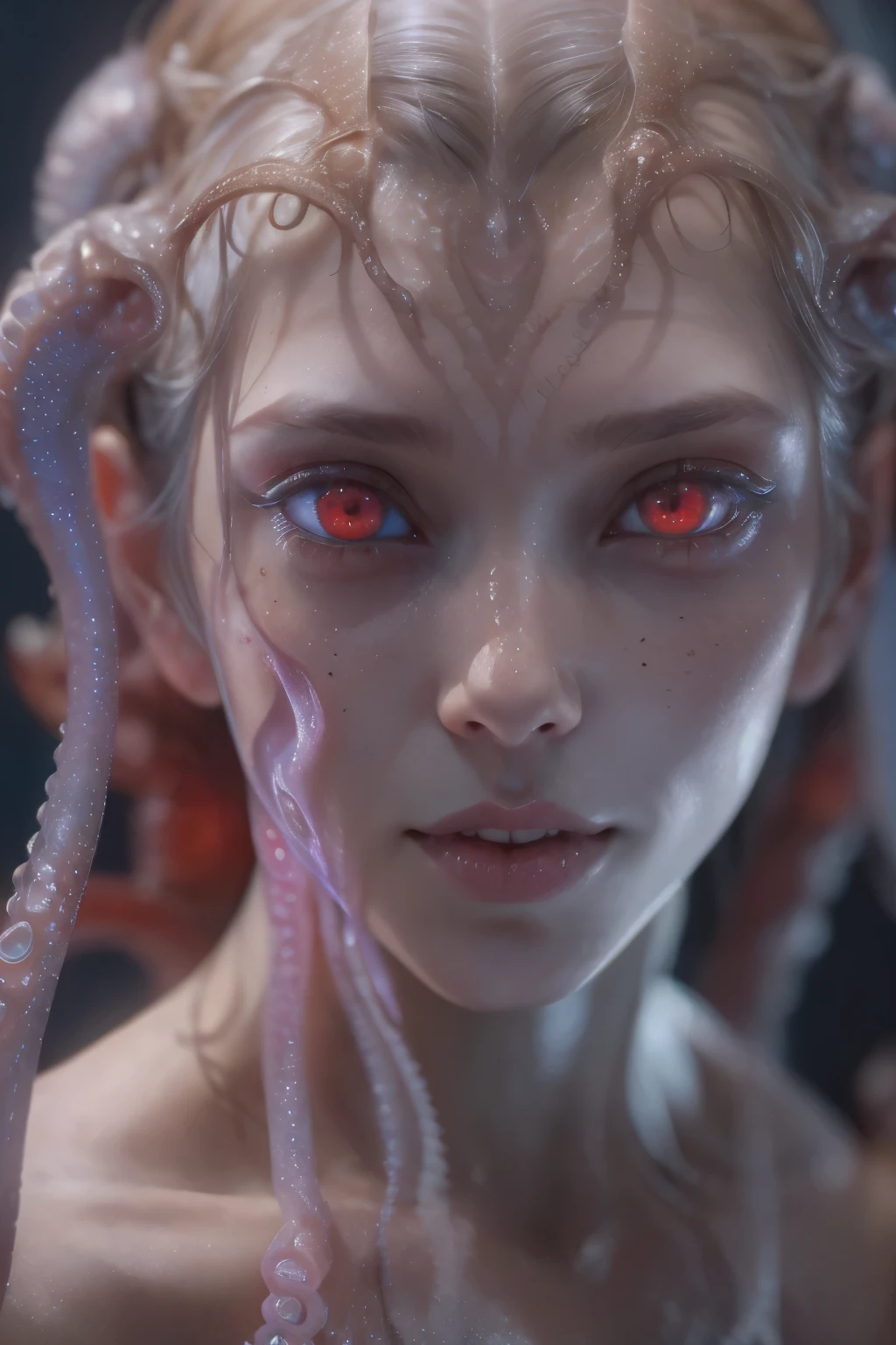 Portrait, (beautiful female alien:1.2),  (she has red eyes with no pupils:1.8), (Translucent skin:1.7),  (There is a female genital-like organ in the middle of the forehead:1.9), (The most beautiful face in the history of the universe:1.2),an evil gaze that seduces, (large mouth:1.1), (sharp teeth like a vampire:1.2), Full body like, (bio luminescent:1.5), (Smile wickedly:1.3),  (sexypose:1.5), alien, No humans, cells are fused, (Lots of translucent tentacles:1.3) extraterrestrial, cell, bio image, Best Quality, 8K,4K_quality, High Definition, Dramatic Lighting, masutepiece:1.5,cinematic quality, detail up, (Intricate details:1.2), High resolution, High Definition, drawing faithfully, (Thick eyebrows:1.2), Beautiful eyes with fine symmetry,(Highly detailed face and eyes:1.2), Intimate face, (Super detailed skin quality feeling:1.4), Perfect Anatomy,  (Beautiful toned body:1.5),  (Moist skin:1.2), No makeup, (dark circles:1.1), long canines, cinematic drawing of characters, ultra high quality model, cinematic quality, detail up, (Intricate details:1.2), High resolution, High Definition, drawing faithfully, Official art, Unity 8K wall  , 8K Portrait, Best Quality, Very High resolution, ultra detailed artistic photography, midnight aura,  unreal engine 5, Ultra Sharp Focus, art by alberto seveso, ArtGerm, Roisch, intricate artwork, best quality, masutepiece, ultra High resolution, (photos realistic:1.4), Ultra-realistic realism, dream-like,  nautilus, Creation of fantasy, Snail, Dream Snail, (biopunk nautilus:1.3), Thrilling color schemes， Ultra-realistic realism， seductively smiling, Blue tentacles,