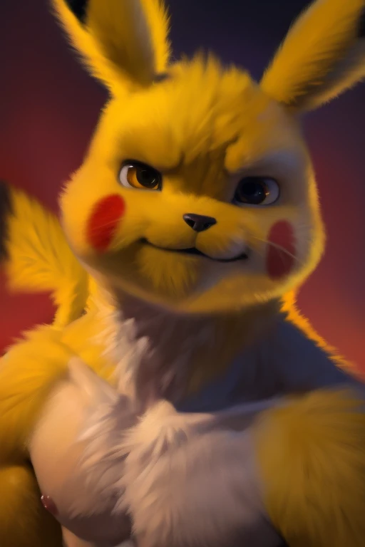 (by taran fiddler), (by darkgem:0.8), (by chunie:1),masterpiece, detailed fur, yellow eyes,colored sclera,seductive, looking at viewer, smile, confident look,dominant, (detailed pixar eyes:1.2), detailed eyes, male,male focus, looking at camera, belly light, pikachu, front light, face lightingmanly,mature,black pupils,slit pupils, tatoos on muscle, nsfw