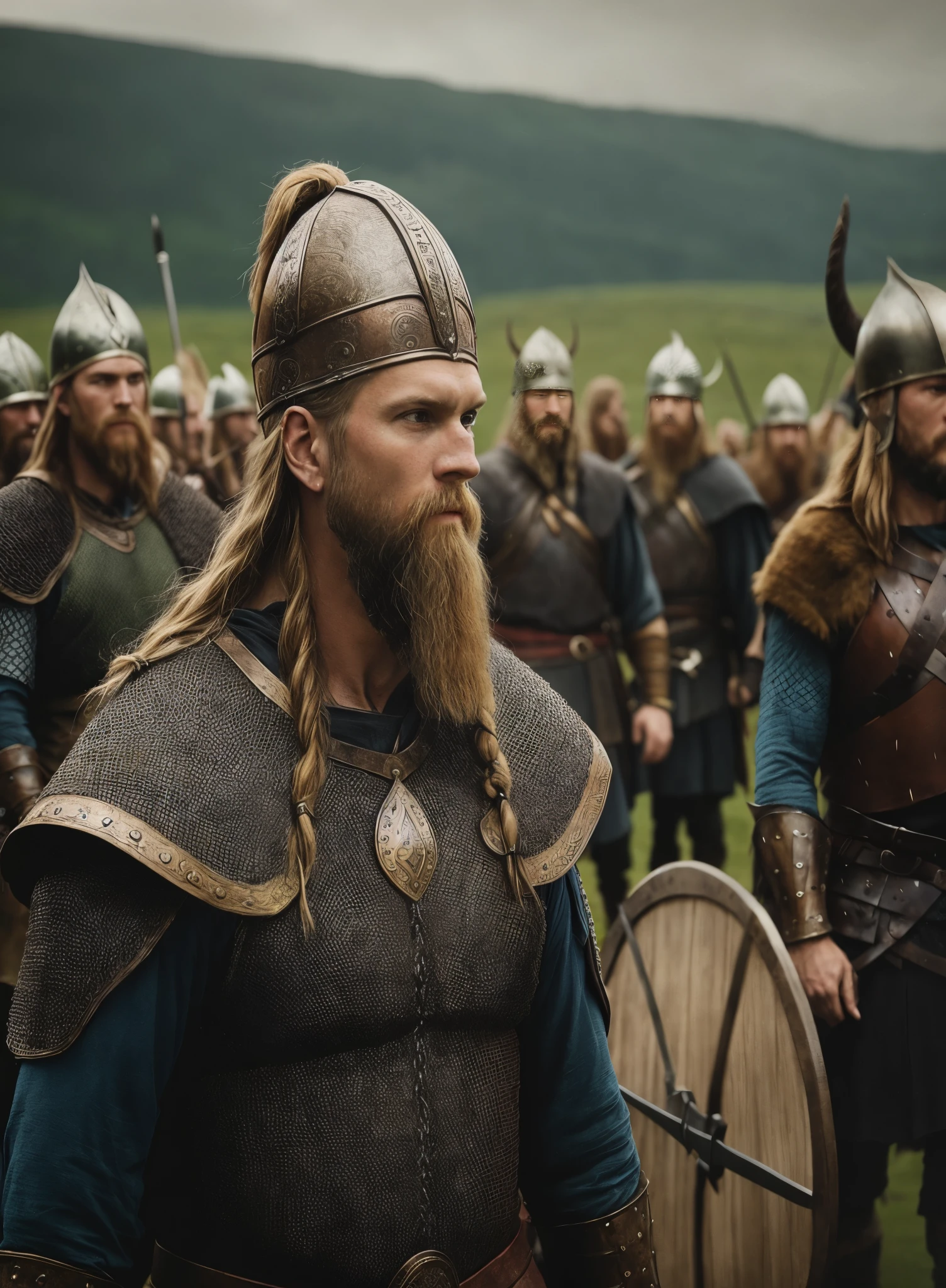there are many men dressed in viking costumes standing together, an epic viking battle scene, viking culture, wearing viking clothes, ancient viking warrior, viking warrior, wearing norse armor, norse warrior, epic viking king, portrait of a viking, vikings, viking king, viking attire, viking armor, viking, detailed viking armor, viking style, still from a fantasy movie, viking beard