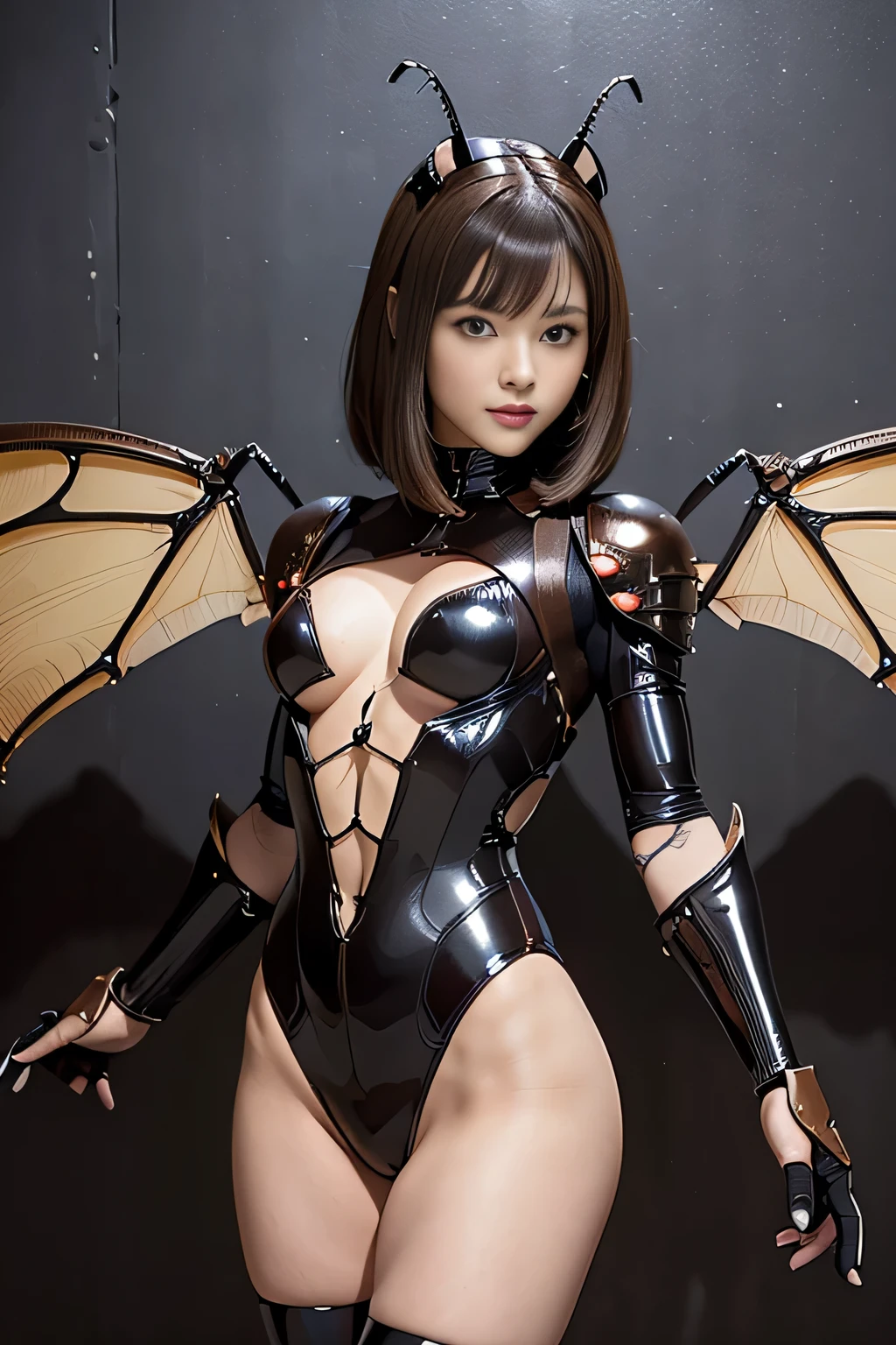 (High resolution,masutepiece,best quality,extremely details CG, Anime, Official art:1.4), Realistic, Photo, amazing fine details, all intricate, gloss and shiny,awesome many layers, 8K Wallpaper.。.3D, sketch, kawaii, Illustration,( Solo:1.4), perfect female proportion,villainess, (Fusion of dark brown cockroach and lady:1.4), (Brown cockroach forms ready:1.2), (Brown cockroach woman:1.2), (Fusion:1.2), (Solo:1.4), (Evil smile:1.2), muscular, Abs, (cockroach brown exoskeleton bio insect Suit:1.4), (Brown exoskeleton insect armor from cockroaches:1.2), (Brown transparent cockroach wings:1.4), (Brown cockroach antenna:1.3),mecha musume,race_queen,high leg latex leotard,Chun-li,ninjartist_Suit,1girl in,animal hands,Latex Costume,asagioutfit