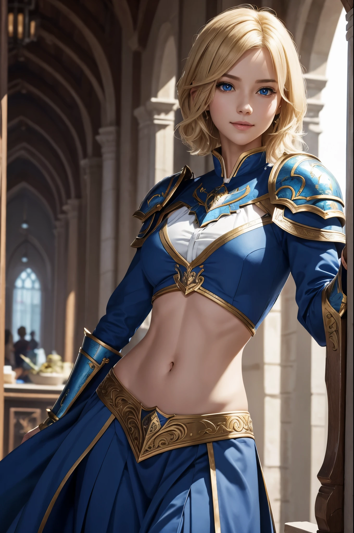 A mature woman,with short golden hair,Klein blue eyes,Blue-gold armor,spread their legs,Full color covered with tattoos