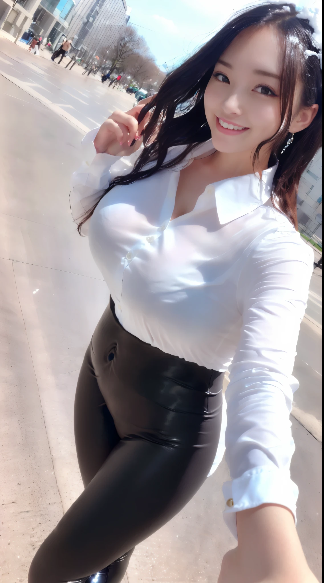 (in 8K、超A high resolution、Best Quality、masuter piece、Photorealsitic、Ultra high definition)、(huge tit、white collared long sleeve shirt、Always wear black leggings:1.25)(Always walk through the city when it snows:1.13)A Japanese Lady、Cute smile、Must wear short boots