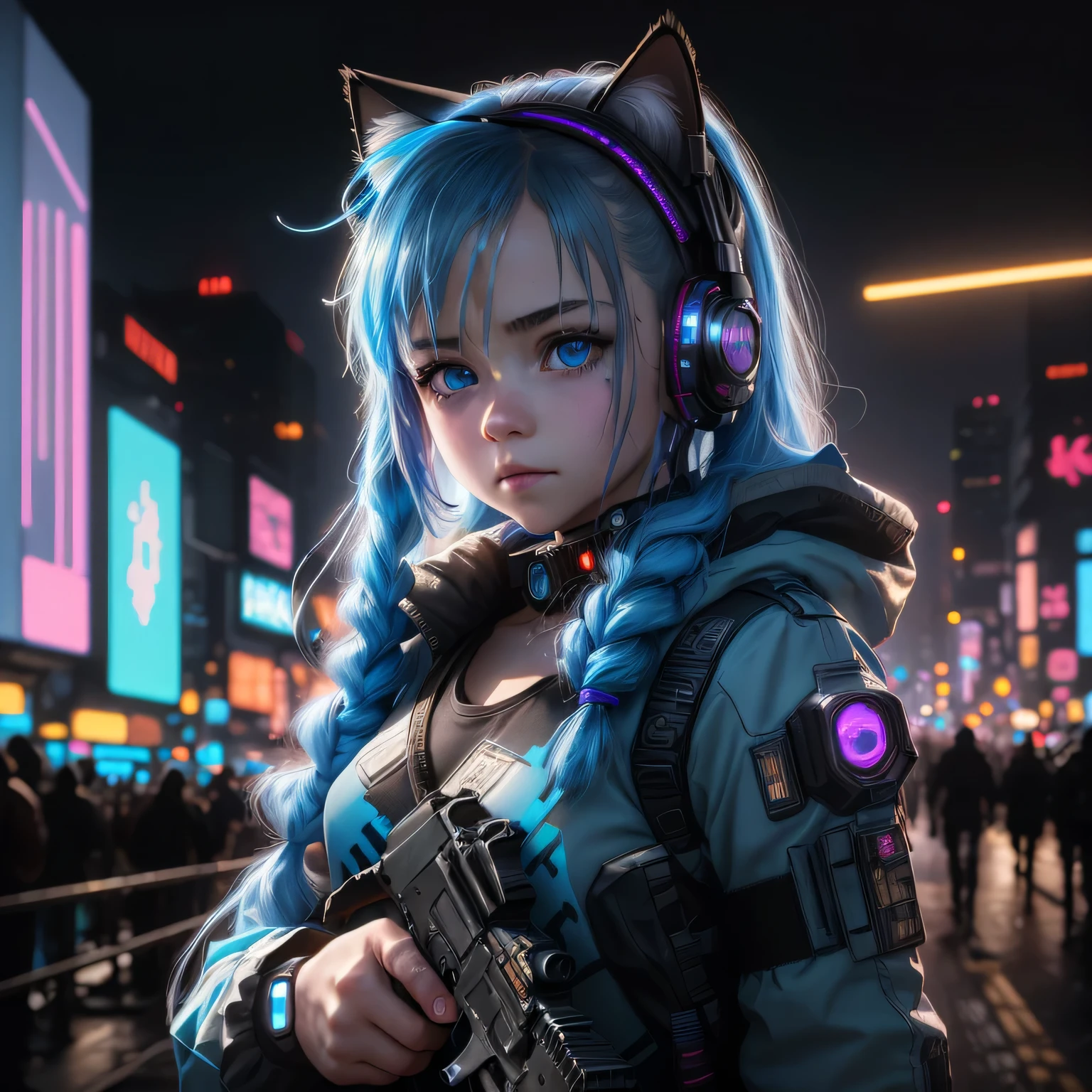 (8k, HDR, RAW photo, best quality, masterpiece:1.2, realistic lighting), a girl, , solo, holding a gun, long hair, blue hair, blue cat ears, blue eyes, nice hands, babyface, beauty eyes, (cyberpunk:1.3), blue color mecha armor, mechanical shoulder, neon light
edge lights, look up, upper body.