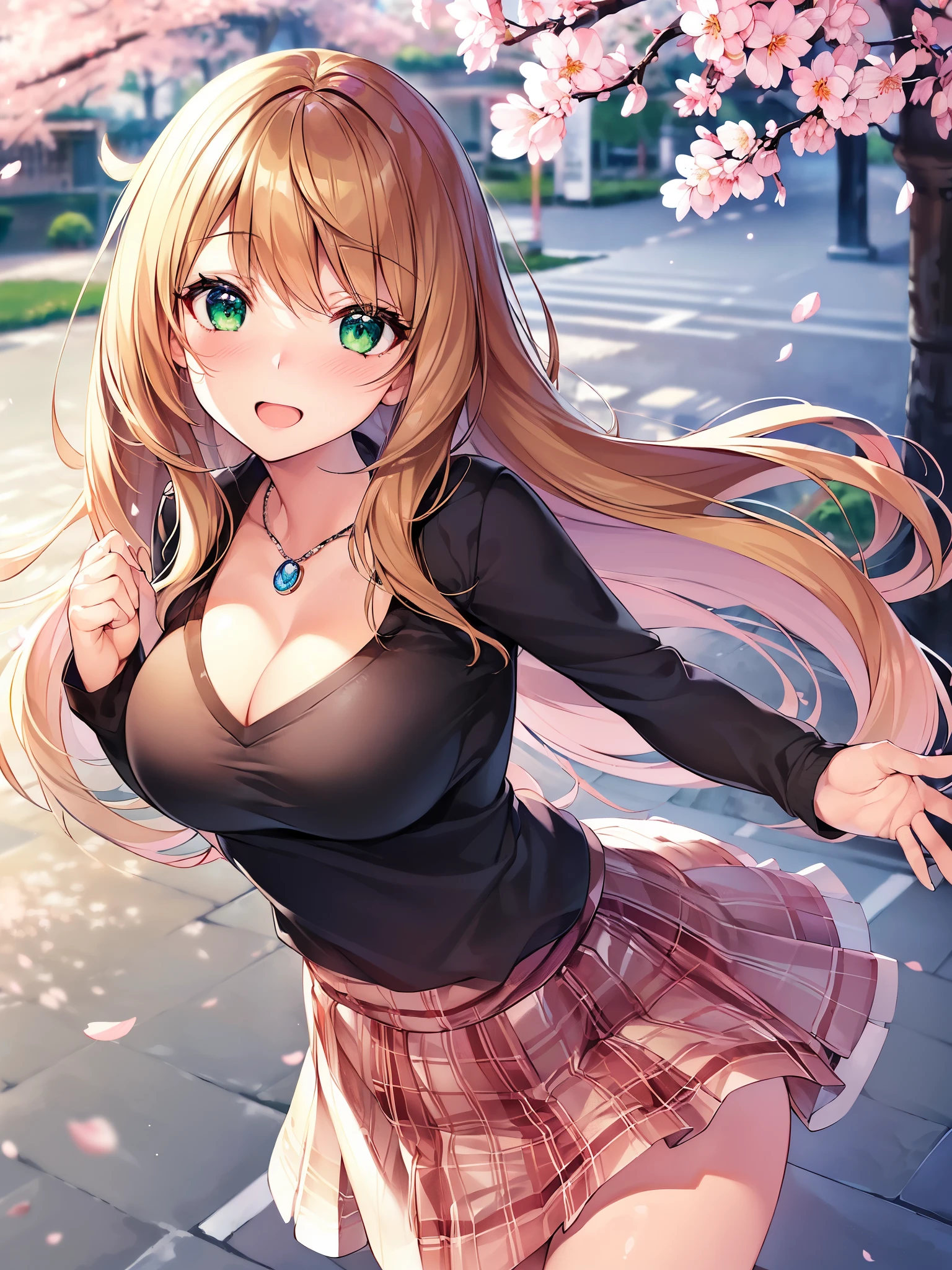 ((masutepiece, best quality, hight resolution, ticker, Perfect Pixel, Depth of the bounds written, In 4K, ticker, ticker))), 1girl in, Single, Solo, Beautiful anime girl, Beautiful Art Style, Anime Character, ((Long hair, Bangs, Brown hair)), ((green eyes:1.4, rounded eyes, Beautiful eyelashes, Realistic eyes)), ((Detailed face, Blushing:1.2)), ((Smooth texture:0.75, Realistic texture:0.65, Photorealistic:1.1, Anime CG style)), ((cleavage, busty)), dynamic angle, Perfect body, ((POV, dynamic pose, Portrait)), ((White sweater, Long sleeve, Black skirt, plaid skirts, Fashionable, 1 handbag, 1 Diamond Necklace, Visible bra:0.95)), shy smile, Open mouth, amusement park, ((The cherry tree, Cherry blossoms fall))