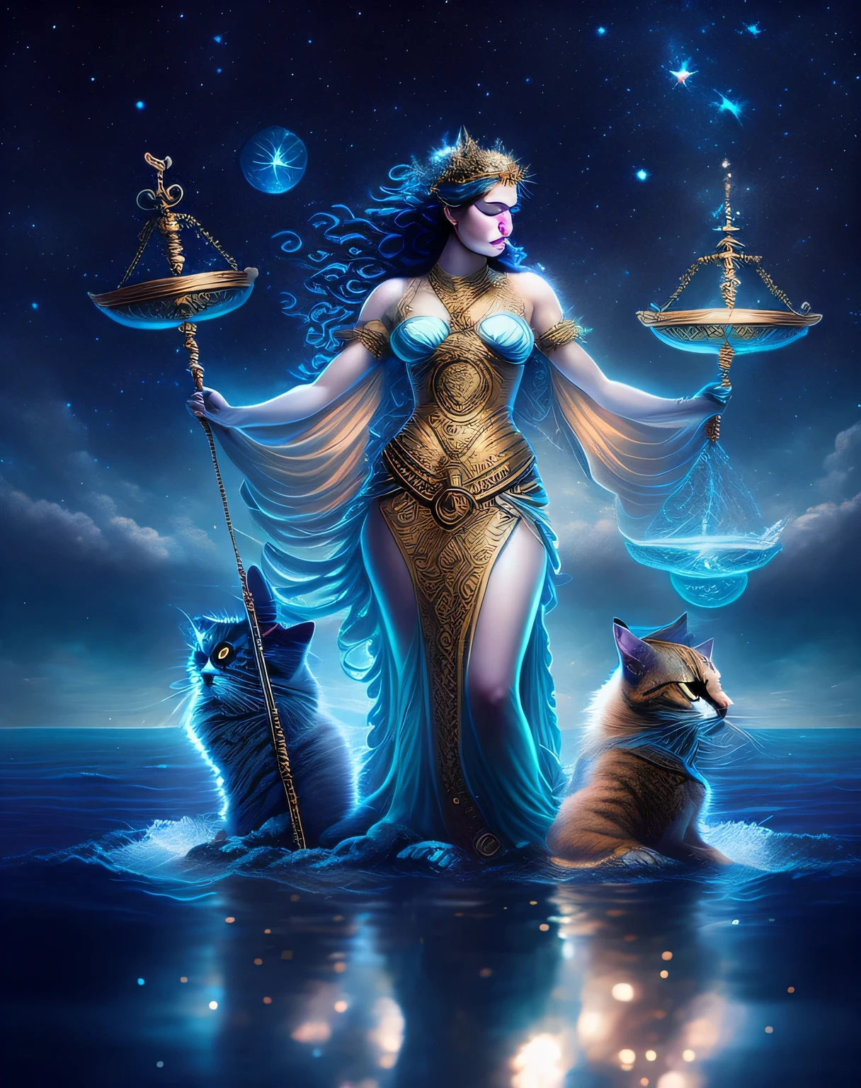 arafed image of a woman holding a scale and a cat, zodiac libra sign, goddess of greek mythology, greek titan goddess themis, libra, libra symbol, goddess. extremely high detail, hecate goddess, gorgeous goddess of leo, celestial goddess, 3 d goddess minerva, goddess of the ocean, goddess art, beautiful gemini good and evil