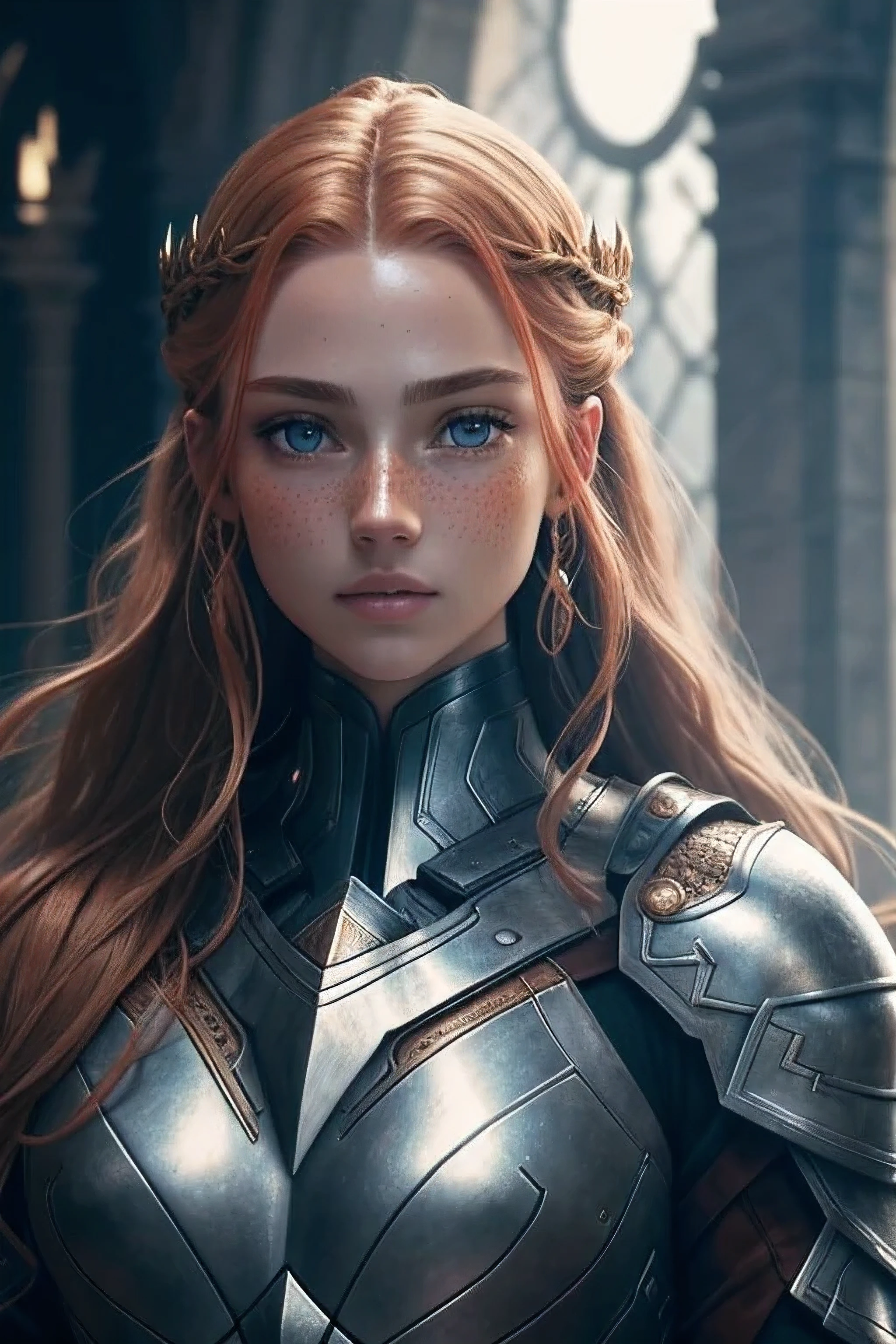 Beautiful female warrior, LONG GINGER hair, blue eyes and freckles, shimmering jewels armor, with emphasis on light play and the transparency of the glass, High and short depth of field, Ray tracing, FHD, hyper quality --ar 9:16 --s 1000 --v 6. 0, 135mm whimsical --aspect 3 :2 --s 750 --v 5.2. , 64k detailed digital art, hyper realistic textures, natural textures, elegant, super detailed, photo realistic, ultra realistic, intricate detail, cinematic, environment occlusion, lighting Volumetric, Shot on Sony A7S III, f/ 9.0, 1/500, Sharp Focus 64k Unsaturated, Masterpiece, Best Quality, Ultra Detailed., Dark Fantasy, Conceptual Art, Illustration, Cinema Sony A7S III, Depth of Field Shallow, 100mm f/2.4, natural light, cinematic, widescreen aspect ratio, cinematic dramatic, indoor epic space, sci-fi movie style, natural textures, hyper maximalist, sharp focus, dynamic pose. 64k is very detailed.