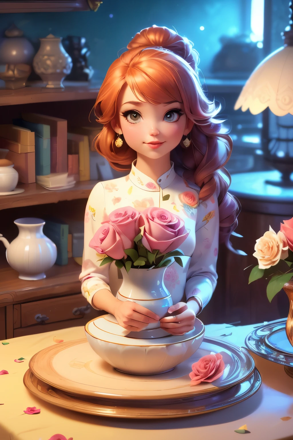 (best quality, 4k, 8k, highres, masterpiece:1.2), ultra-detailed, (realistic, photorealistic, photo-realistic:1.37), The most beautiful futuristic long shape vase on a table with roses in it, in the style of whimsical ceramics, cottagepunk, background blur -- Style Fantasy colourful, soft lighting, lively atmosphere