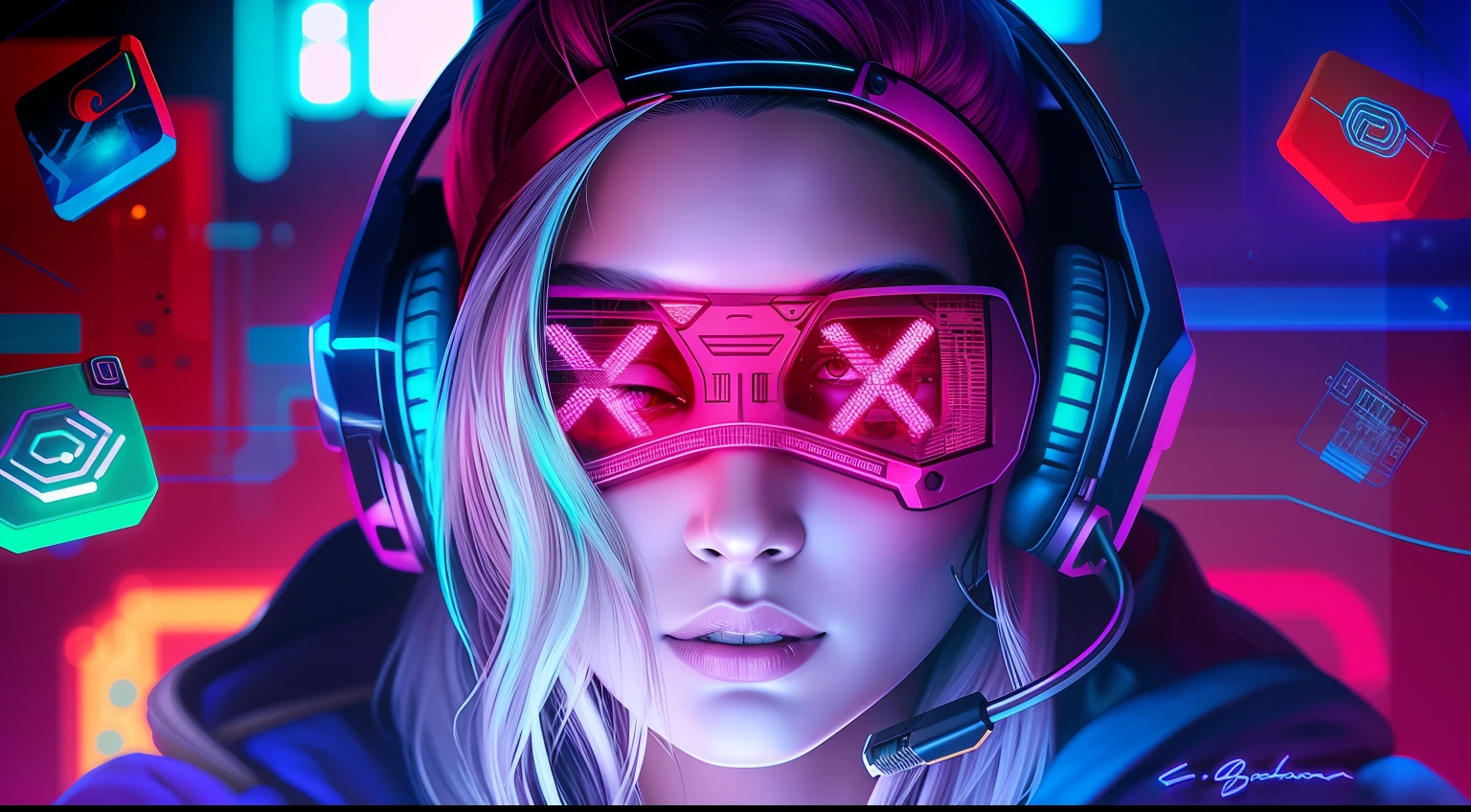 um close de uma mulher com fones de ouvido e venda nos olhos, estilo de arte cyberpunk, cyberpunk vibes, estilo cyberpunk hiper-realista, arte com tema cyberpunk, estilo de arte cyberpunk, cyberpunk vibe, neon operator, no estilo cyberpunk, menina cyberpunk sonhadora, fone de ouvido ciberpunk, sombreamento cyberpunk, advanced digital cyberpunk art, pintura digital cyberpunk, retrato ciberpunk, o retrato da garota cyberpunk