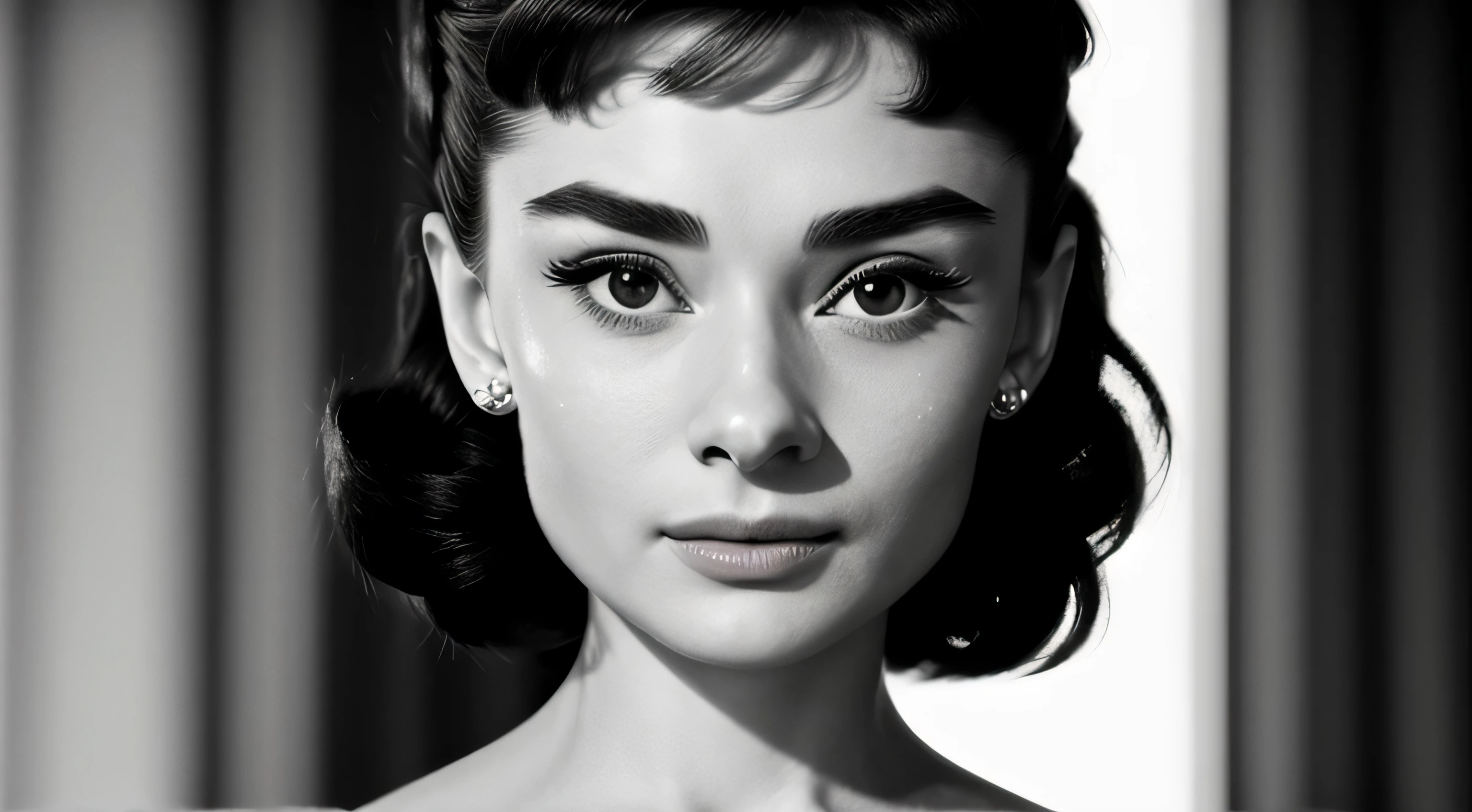 ((black and white filter)), AudreyHepburn, focus on eyes, close up on face,  short black hair styled cascading curls bun, portrait photo of a beautiful young actress: (AudreyHepburn is in the black and white Roman Holiday movie film (1953)), hotel room, Award - winning photograph, Masterpiece, 8k, ultra high res, hyper detailed, perfect flawless face, rule of thirds, Realistic Perfect eyes and pupils, Perfect full lips, upturned nose, highly detailed shining hair, ((detailed facial featureinely detailed skin), tanned skin, skin pores, skin blemishes, realistic skin texture, intricate details, photorealism, hyperrealism, ultra realistic, lifelike textures, neutral colors, cinematic lighting, dramatic lighting, backlight on hair, sharp focus, wide angle, film grain, dslr, raw photo,