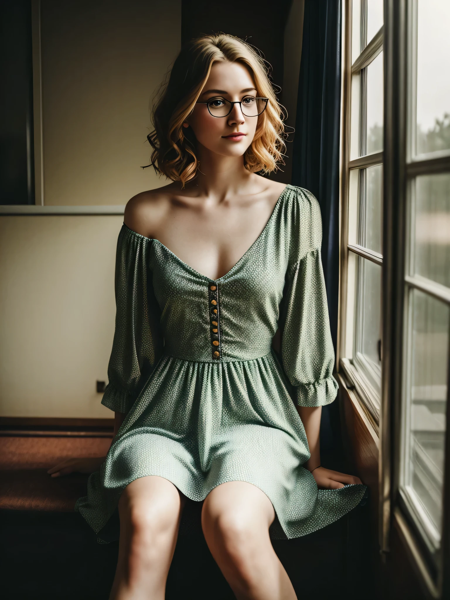 1girl, 19, Solo, Aesthetic artwork, irish, wavy ginger hair, shoulder length hair, gray eyes, light grey eyes, pale skin, A-cup, small breasts, runners body, (textured skin, skin pores:1.1), goosebumps, Photo of a woman, dressed in a very elegant and pretty dress, Perfect rare face, (Highly detailed skin), photorealistic, film grain, Put one foot forward、from below looking up、look at camera、Emphasize the shoulders, Focus on face、Stockings、glasses、Smile with corners of mouth raised、disdainful expression, summer haze, muted colors, muted warm colors, Photo cinematic portrait of a woman dressed in a striped dress sitting by the window in the early morning, cinematic, (tilted:1.3) (on an old train) look cautious, standing under a spotlight, volumetric dust clouds, key light, backlight, soft natural lighting, photography Film grain ISO 400 30 mm lens RAW f1.8 aperture, highly detailed (analog photography:1), colors hdr