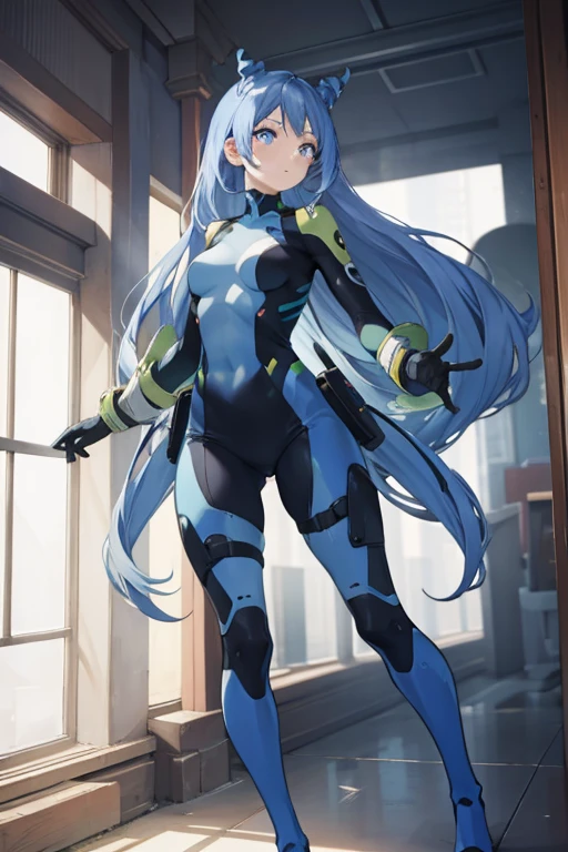 Nejirehadu, Nejire Wave, blue eyes, Blue hair, Long hair,
BREAK blue body suit, body suit, Drill Hair, gloves, green body suit, multicolored body suit, multicolored clothes, yellow gloves,
BREAK looking at viewer, Full body,
BREAK indoors, crass room,
BREAK (masutepiece:1.2), Best Quality, High resolution, Unity 8k壁纸, (Illustration:0.8), (Beautiful detailed eyes:1.6), extra detailed face, perfect writing, extremely details CG, (perfect hand, perfect anatomy),