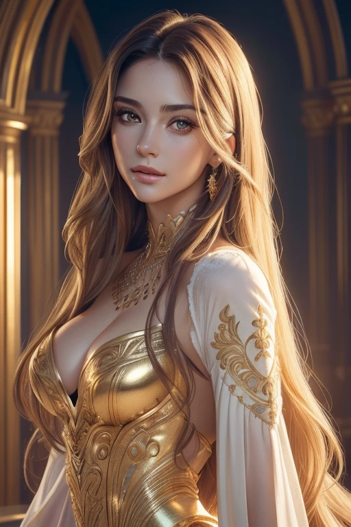 (best quality:1.2,Special details,photorealistic portrait:1.37),beautiful woman,black gold eyes,(Elegant,long flow,flow smoothly:1.1) hair,sexy tits, Strapless top, golden ratio, complicated details, beauty of nature, bright colors, soft light