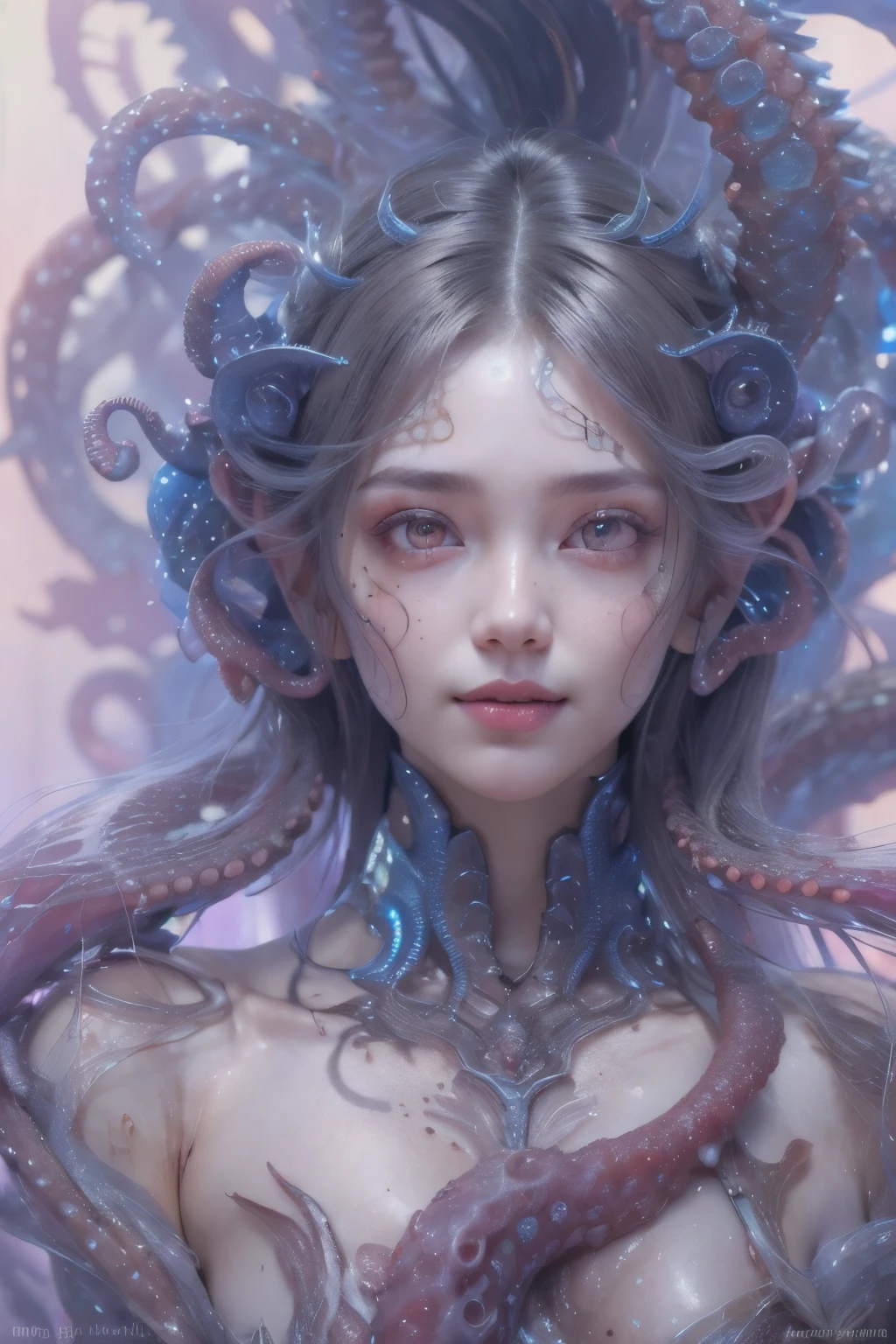 Portrait, (beautiful female alien:1.2), (she has red eyes with no pupils:1.8), (Translucent skin:1.7), (There is a female genital-like organ in the middle of the forehead.:1.9), (The most beautiful face in the history of the universe:1.2),an evil gaze that seduces, (large mouth:1.1), (sharp teeth like a vampire:1.2), Full body like, (bio luminescent:1.5), (Smile wickedly:1.3), (sexypose:1.5), alien, No humans, cells are fused, (Lots of translucent tentacles:1.3) extraterrestrial, cell, bio image, Best Quality, 8K,4K_quality, High Definition, Dramatic Lighting, masutepiece:1.5,cinematic quality, detail up, (Intricate details:1.2), High resolution, High Definition, drawing faithfully, (Thick eyebrows:1.2), Beautiful eyes with fine symmetry,(Highly detailed face and eyes:1.2), Intimate face, (Super detailed skin quality feeling:1.4), Perfect Anatomy, (Beautiful toned body:1.5), (Moist skin:1.2), No makeup, (dark circles:1.1), long canines, cinematic drawing of characters, ultra high quality model, cinematic quality, detail up, (Intricate details:1.2), High resolution, High Definition, drawing faithfully, Official art, Unity 8K wall , 8K Portrait, Best Quality, Very High resolution, ultra detailed artistic photography, midnight aura, unreal enginee 5, Ultra Sharp Focus, art by alberto seveso, ArtGerm, Roisch, intricate artwork, best quality, masutepiece, ultra High resolution, (photos realistic:1.4), Ultra-realistic realism, dream-like, rainbow colored nautilus, Creation of fantasy, Snail, Dream Snail, (Biopunk Nautilus:1.3), Thrilling color schemes, Ultra-realistic realism, seductively smiling, Blue tentacles,