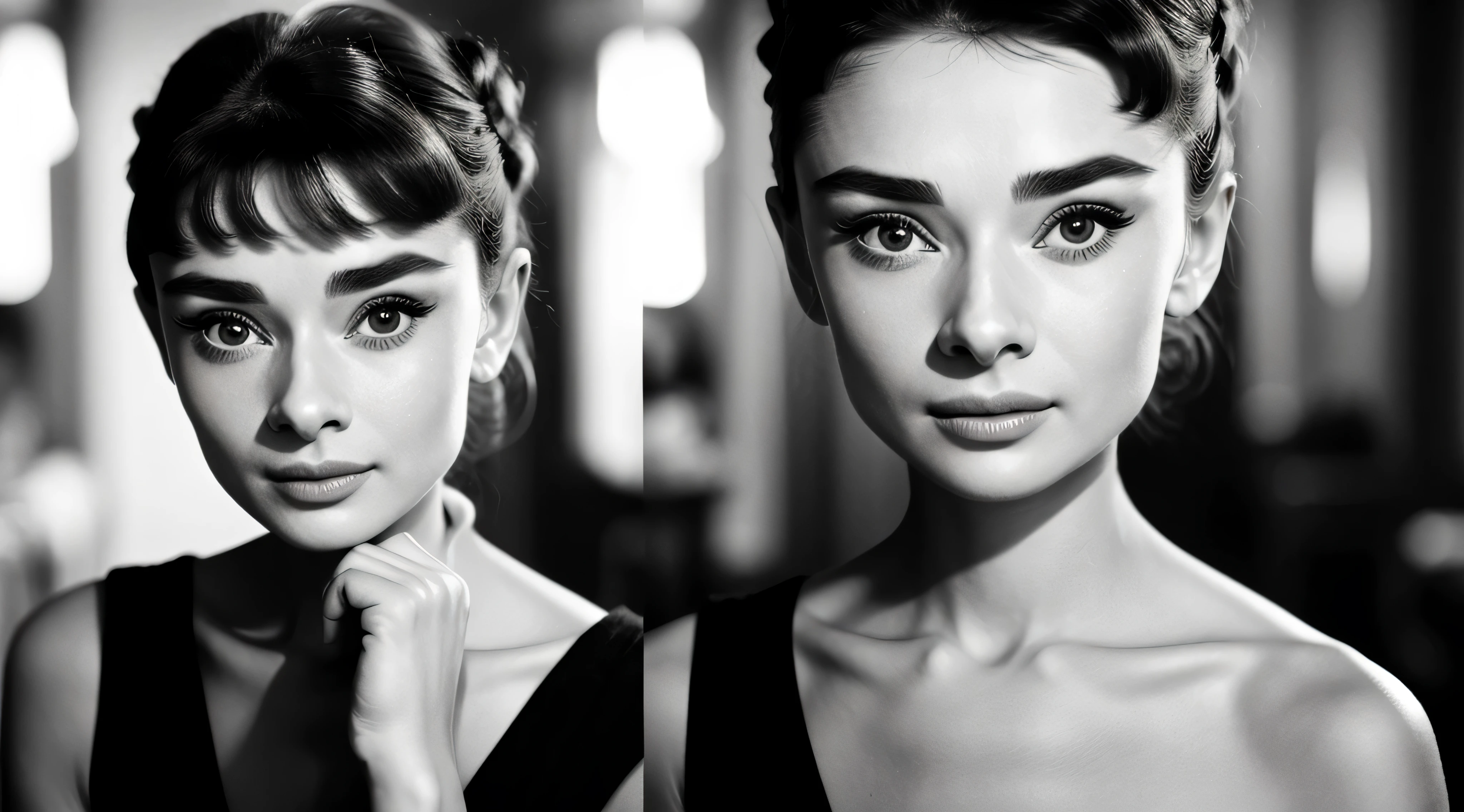 ((black and white filter)), AudreyHepburn, focus on eyes, close up on face, short black hair styled cascading curls bun, portrait photo of a beautiful young actress: (AudreyHepburn is in the black and white Roman Holiday movie film (1953)), hotel room, Award - winning photograph, Masterpiece, 8k, ultra high res, hyper detailed, perfect flawless face, rule of thirds, Realistic Perfect eyes and pupils, Perfect full lips, upturned nose, highly detailed shining hair, ((detailed facial featureinely detailed skin), tanned skin, skin pores, skin blemishes, realistic skin texture, intricate details, photorealism, hyperrealism, ultra realistic, lifelike textures, neutral colors, cinematic lighting, dramatic lighting, backlight on hair, sharp focus, wide angle, film grain, dslr, raw photo,