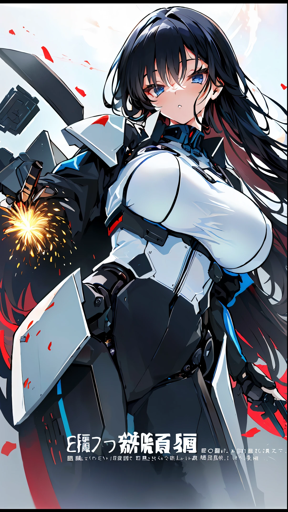 ((mechanical combat uniform))、((SSR rank character))、　anime girl with very big breasts and very long black hair, nime girl, by Shitao, best anime 4k、((Edo))、firework、((Tolerate))、(Tolerate者)、(knife)、((knifeを振ると))