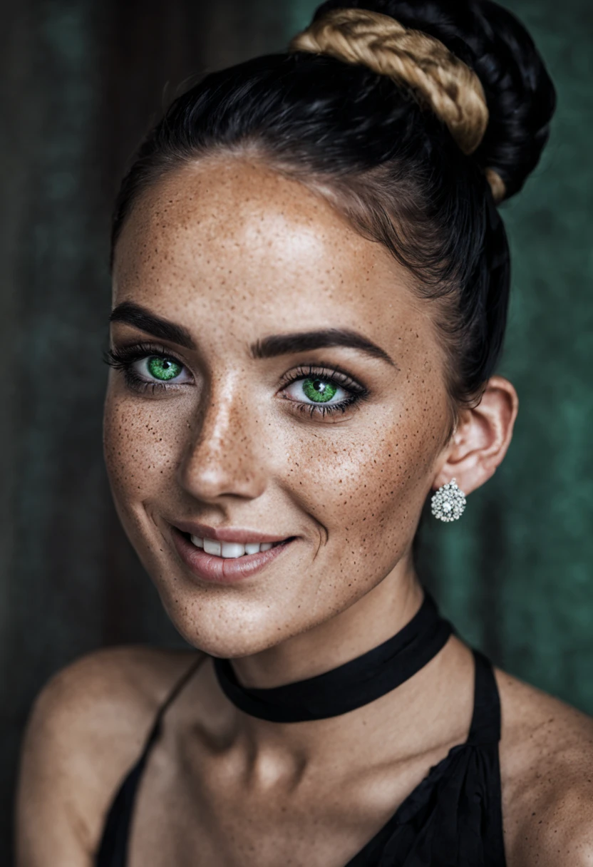 imperfect, pretty lady, (Freckles smile, Detailed green eyes, Detailed iris, Black hair tied into a bun, dark mood makeup, Super detailed photography, softlighting, future, diamond earrings,