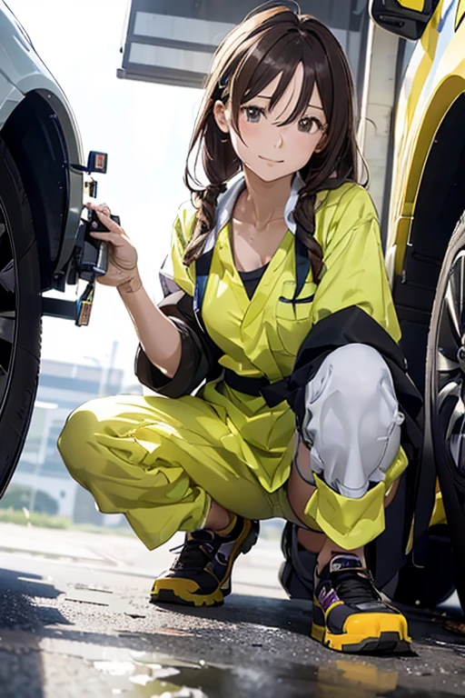 (8K), (best quality), (masutepiece: 1.2) (((Repair shop))) A woman working by crawling under a car ((Workwear))