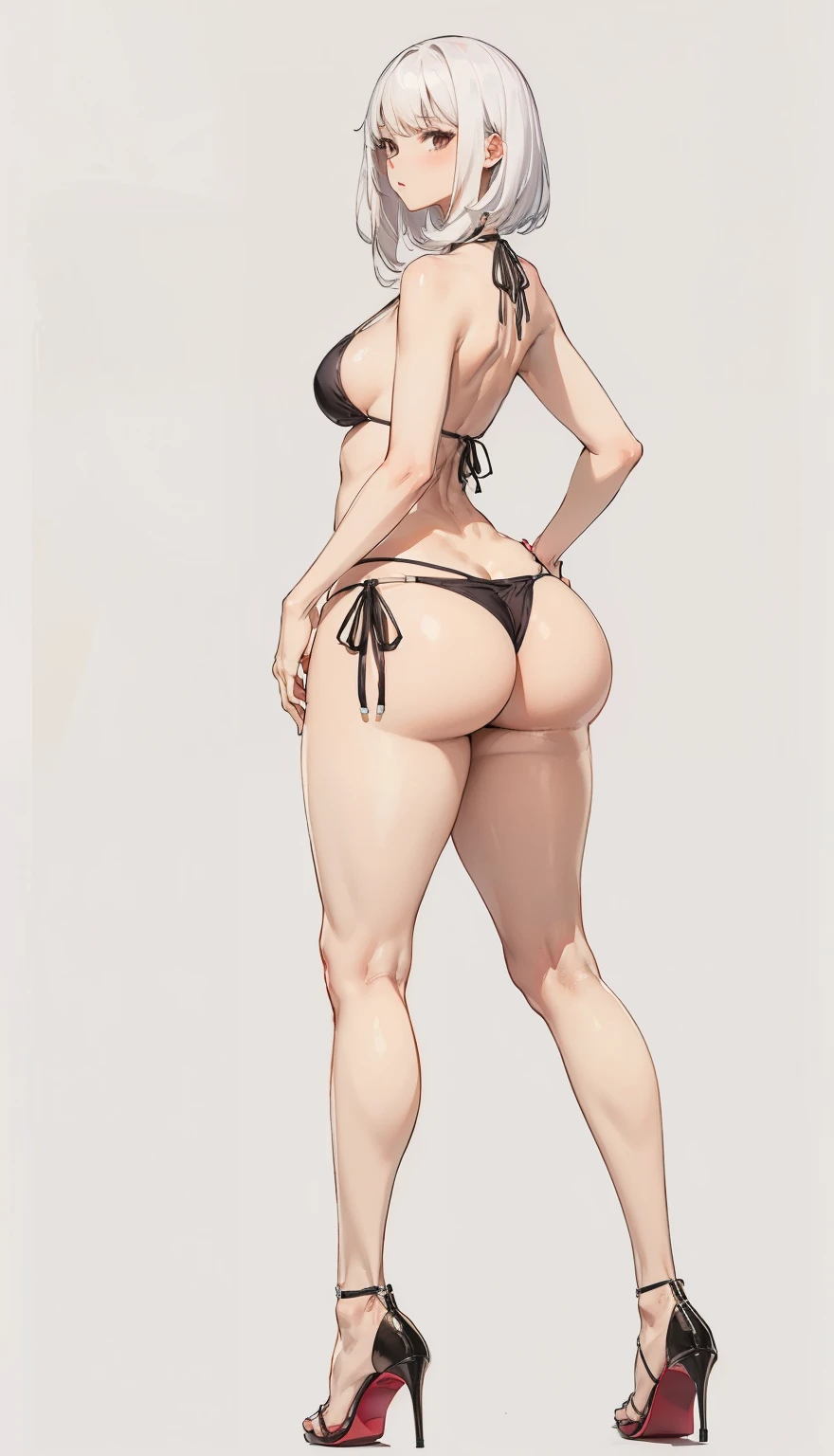 SFW, ((white hair)), (bikini), curvy, sexy pose, big legs, exposed legs, sexy thighs, thin waist, small waist, full body, high heels, (long legs, tall girl, big ass)