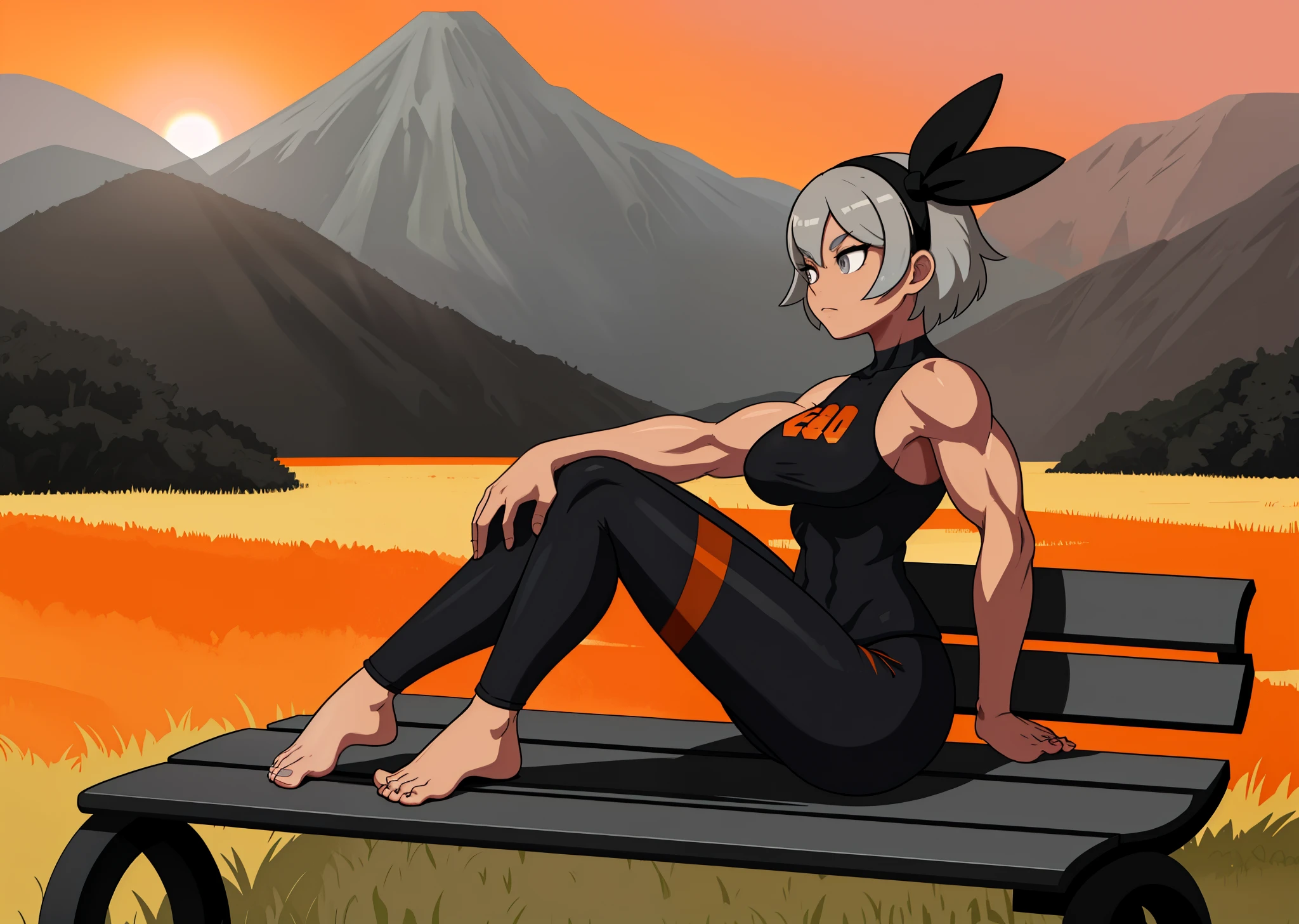 [bea], [pokemon], [uploaded to e621.net; (napalm_express)], ((masterpiece)), ((HD)), ((high res)), ((solo portrait)), ((full body)), ((front view)), ((feet visible)), ((detailed shading)), ((beautiful render art)), ((intricate details)), {anime girl; (dark-toned skin), (cute grey eyes), (short eyelashes), short white hair, (curvy hips), (defined muscles), (beautiful muscular legs), (beautiful feet), (expressionless)}, (black yoga bodysuit with orange stripes), (yoga pants), (black hairband)}, {(sitting on bench), (looking in the distance)}, [background; (grass plains), (mountains), (fog), (blue sky), (sunset), (sun rays), (pink and orange sky)]