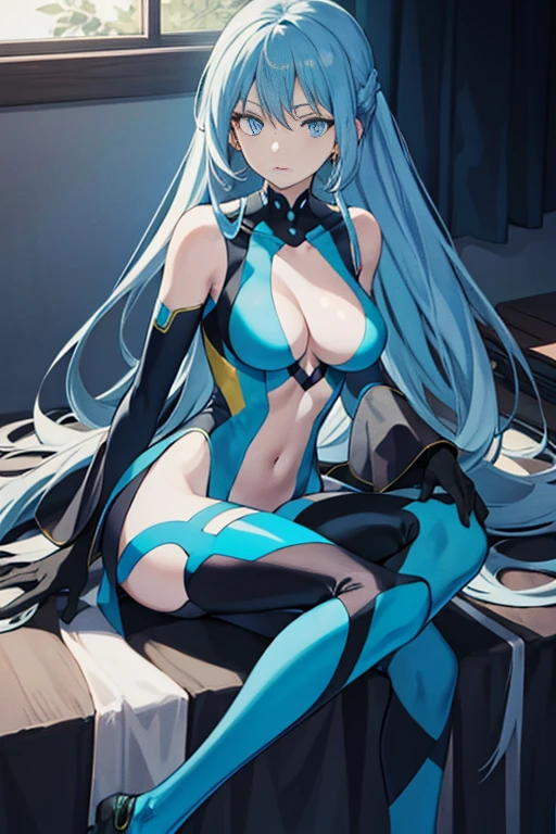 Nejirehadu, Nejire Wave, blue eyes, blue hair, Long hair,
BREAK blue body suit, body suit, Drill Hair, gloves, green body suit, multicolored body suit, multicolored clothes, yellow gloves,
BREAK looking at viewer, Full body,
BREAK indoors, crass room,
BREAK (masutepiece:1.2), best quality, high resolution, Unity 8k壁纸, (illustration:0.8), (beautiful detailed eyes:1.6), extra detailed face, perfect writing, Highly detailed CG, (perfect hand, perfect anatomy),