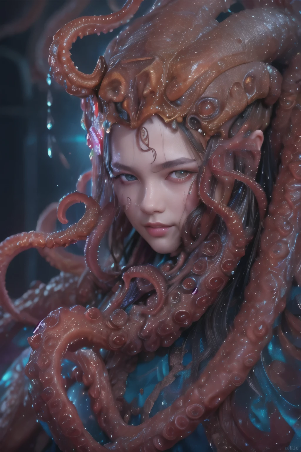 Portrait, (beautiful female alien:1.2), (she has red eyes with no pupils:1.8), (Translucent skin:1.7), (There is a female genital-like organ in the middle of the forehead:1.9), (The most beautiful face in the history of the universe:1.2),an evil gaze that seduces, (large mouth:1.1), (sharp teeth like a vampire:1.2), Full body like, (bio luminescent:1.5), (Smile wickedly:1.3), (sexypose:1.5), alien, No humans, cells are fused, (Lots of translucent tentacles:1.3) extraterrestrial, cell, bio image, Best Quality, 8K,4K_quality, High Definition, Dramatic Lighting, masutepiece:1.5,cinematic quality, detail up, (Intricate details:1.2), High resolution, High Definition, drawing faithfully, (Thick eyebrows:1.2), Beautiful eyes with fine symmetry,(Highly detailed face and eyes:1.2), Intimate face, (Super detailed skin quality feeling:1.4), Perfect Anatomy, (Beautiful toned body:1.5), (Moist skin:1.2), No makeup, (dark circles:1.1), long canines, cinematic drawing of characters, ultra high quality model, cinematic quality, detail up, (Intricate details:1.2), High resolution, High Definition, drawing faithfully, Official art, Unity 8K wall , 8K Portrait, Best Quality, Very High resolution, ultra detailed artistic photography, midnight aura, unreal enginee 5, Ultra Sharp Focus, art by alberto seveso, ArtGerm, Roisch, intricate artwork, best quality, masutepiece, ultra High resolution, (photos realistic:1.4), Ultra-realistic realism, dream-like, nautilus, Creation of fantasy, Snail, Dream Snail, biopunk nautilus, Thrilling color schemes, Ultra-realistic realism, seductively smiling, Blue tentacles,
