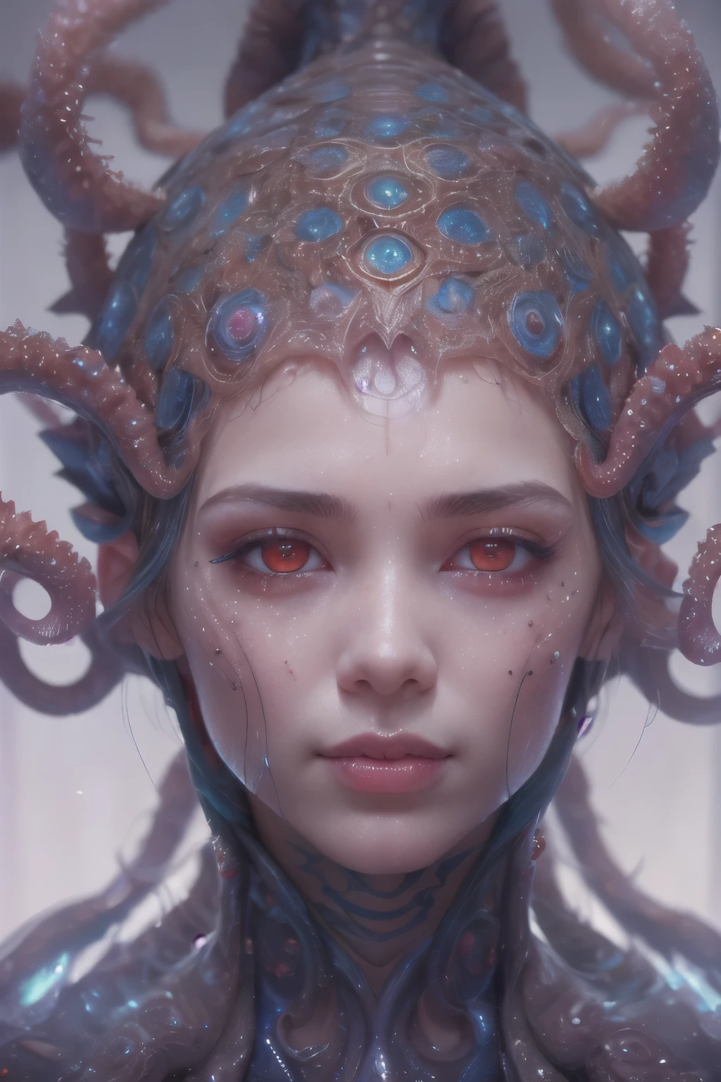 Portrait, (beautiful female alien:1.2),  (she has red eyes with no pupils:1.8), (Translucent skin:1.7),  (There is a female genital-like organ in the middle of the forehead:1.9), (The most beautiful face in the history of the universe:1.2),an evil gaze that seduces, (large mouth:1.1), (sharp teeth like a vampire:1.2), Full body like, (bio luminescent:1.5), (Smile wickedly:1.3),  (sexypose:1.5), alien, No humans, cells are fused, (Lots of translucent tentacles:1.3) extraterrestrial, cell, bio image, Best Quality, 8K,4K_quality, High Definition, Dramatic Lighting, masutepiece:1.5,cinematic quality, detail up, (Intricate details:1.2), High resolution, High Definition, drawing faithfully, (Thick eyebrows:1.2), Beautiful eyes with fine symmetry,(Highly detailed face and eyes:1.2), Intimate face, (Super detailed skin quality feeling:1.4), Perfect Anatomy,  (Beautiful toned body:1.5),  (Moist skin:1.2), No makeup, (dark circles:1.1), long canines, cinematic drawing of characters, ultra high quality model, cinematic quality, detail up, (Intricate details:1.2), High resolution, High Definition, drawing faithfully, Official art, Unity 8K wall  , 8K Portrait, Best Quality, Very High resolution, ultra detailed artistic photography, midnight aura,  unreal enginee 5, Ultra Sharp Focus, art by alberto seveso, ArtGerm, Roisch, intricate artwork, best quality, masutepiece, ultra High resolution, (photos realistic:1.4), Ultra-realistic realism, dream-like,  nautilus, Creation of fantasy, Snail, Dream Snail,  biopunk nautilus, Thrilling color schemes， Ultra-realistic realism， seductively smiling, Blue tentacles,