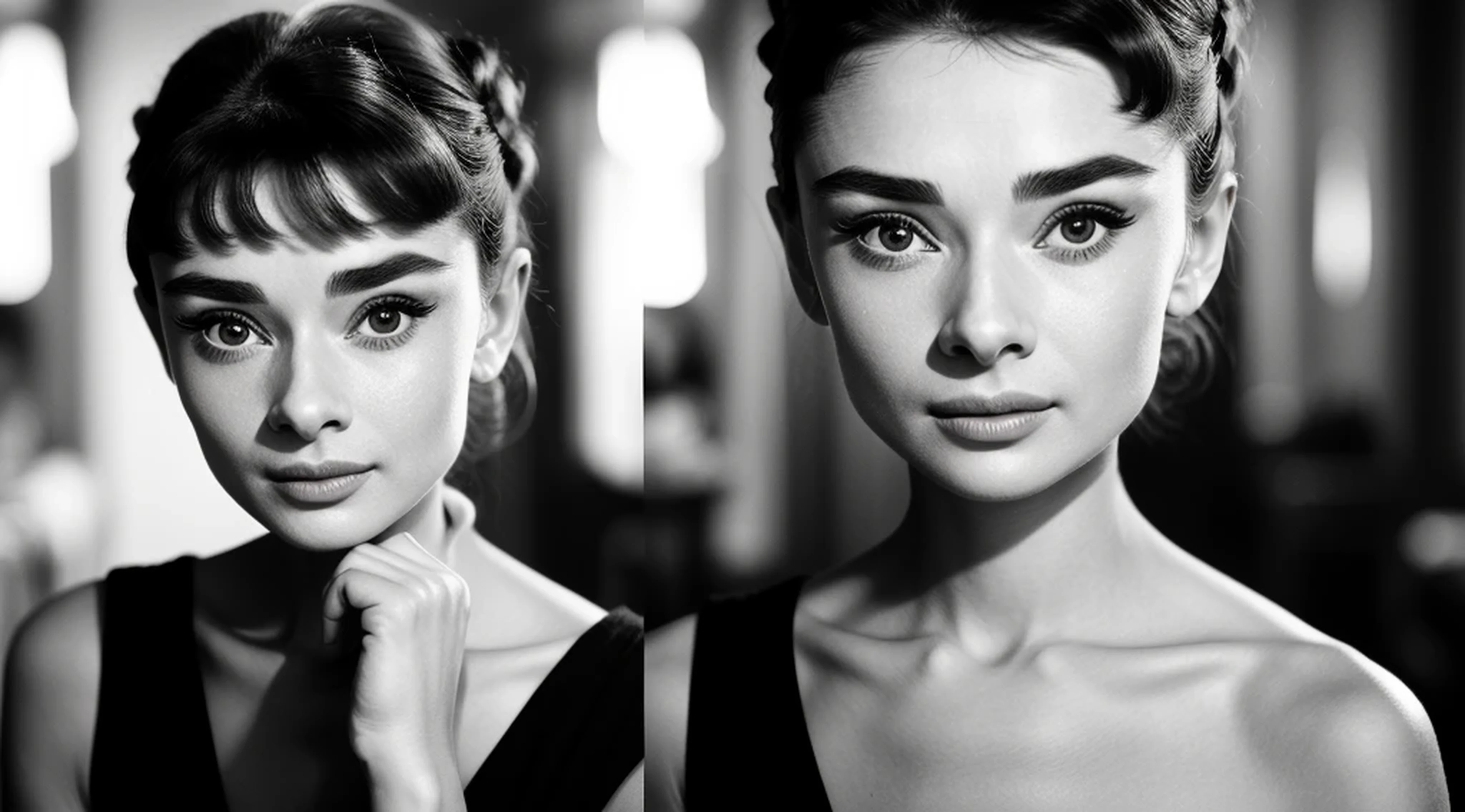 ((black and white filter)), AudreyHepburn, focus on eyes, close up on face,  short black hair styled cascading curls bun, portrait photo of a beautiful young actress: (AudreyHepburn is in the black and white Roman Holiday movie film (1953)), hotel room, Award - winning photograph, Masterpiece, 8k, ultra high res, hyper detailed, perfect flawless face, rule of thirds, Realistic Perfect eyes and pupils, Perfect full lips, upturned nose, highly detailed shining hair, ((detailed facial featureinely detailed skin), tanned skin, skin pores, skin blemishes, realistic skin texture, intricate details, photorealism, hyperrealism, ultra realistic, lifelike textures, neutral colors, cinematic lighting, dramatic lighting, backlight on hair, sharp focus, wide angle, film grain, dslr, raw photo,