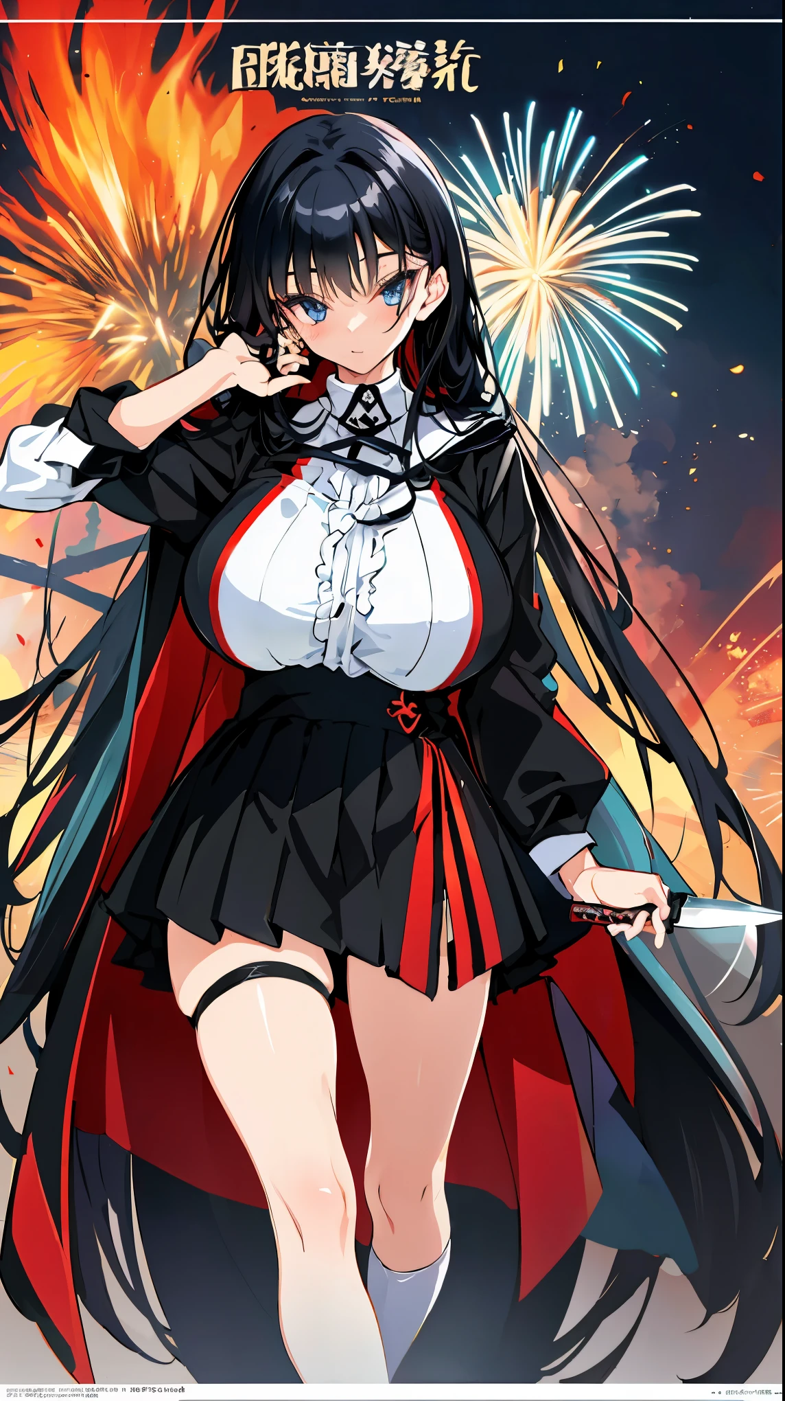 ((Movie Posters))、((SSR rank character))、　anime girl with very big breasts and very long black hair, nime girl, by Shitao, best anime 4k、((Edo))、firework、((Tolerate))、(Tolerate者)、(knife)、((knifeを振ると))