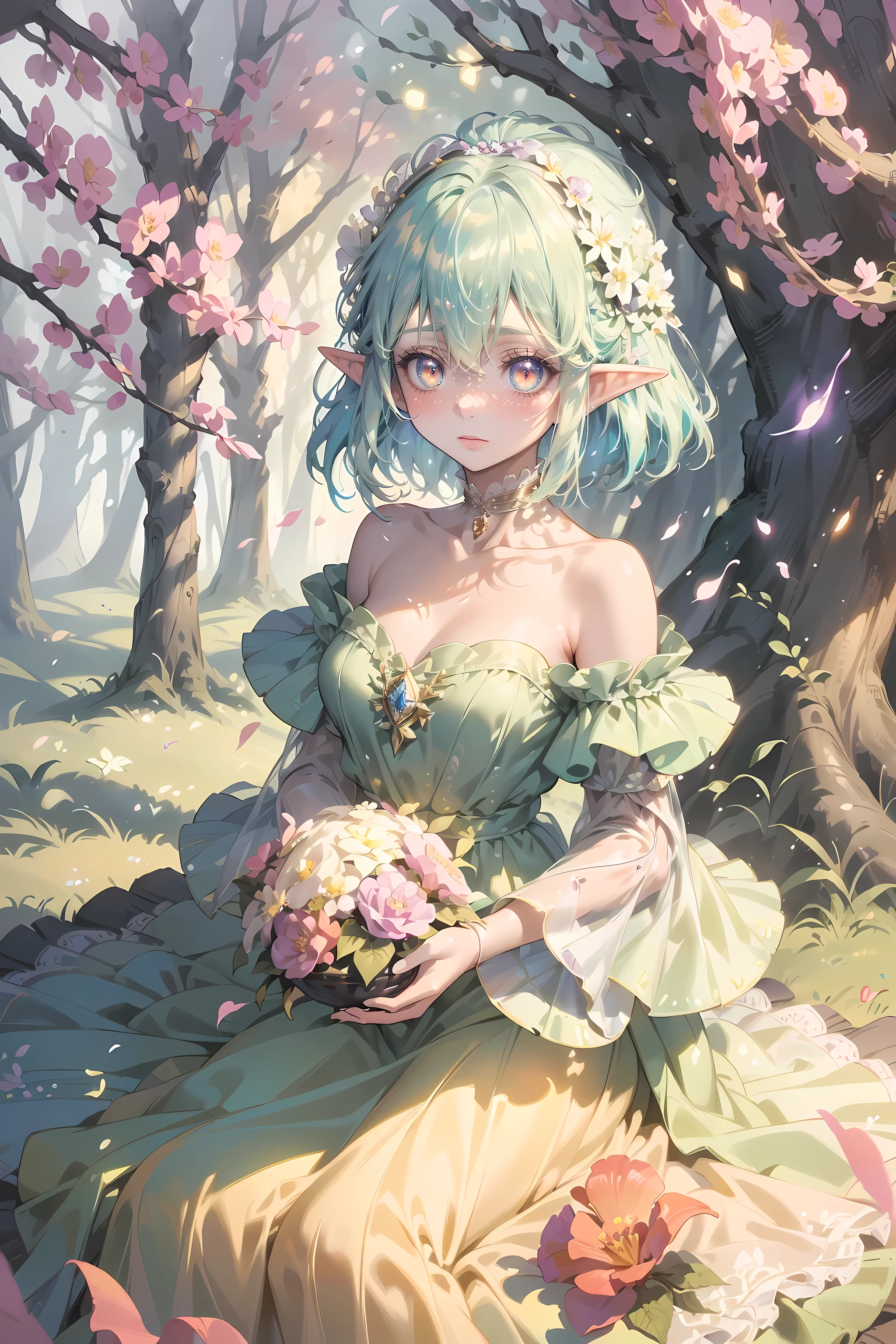 eyeline,(lewd eyes:1.4),(faeries:1.2),(high resolution,best quality,like a dream,obsessed,at a forest,faeries),(vibrant with colors,ultra - detailed),(美丽lewd eyes,Mottled sunlight,Whimsical creatures,sparkling mysterious mist,Evocative atmosphere otherworldly beauty),(magical light,Faint ethereal light),(in pastel shades,fantasticcolors),(Dancing fireflies,活泼的faeries,Breeze whispered),layered lace dress,Exquisite and beautiful gauze long skirt,(Colorful princess dress:1.4),(Elf Flower Crown:1.2),(美丽lewd eyes, vibrant with colors, oil painted, flowers in the background, A flowing dress, Fantastical Atmosphere, Eyebrows are very clear, gentlesoftlighting, Fantasy elements, Magical environment, 逼真的high resolution图像, dynamic and energetic),(vivd colour:1.5)