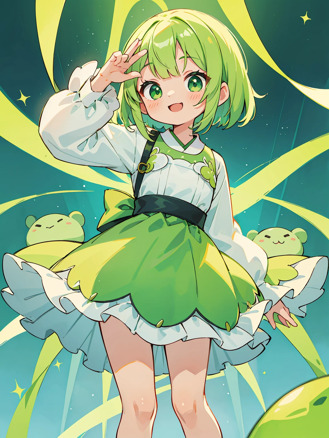 ​masterpiece, top-quality, 1girl in, short hair, , light green hair、eyes are emerald green、Idle Type、cute lime green dress、ハート型のkirakiraした目、a smile that charms you、Hold the microphone with both hands、kirakira.