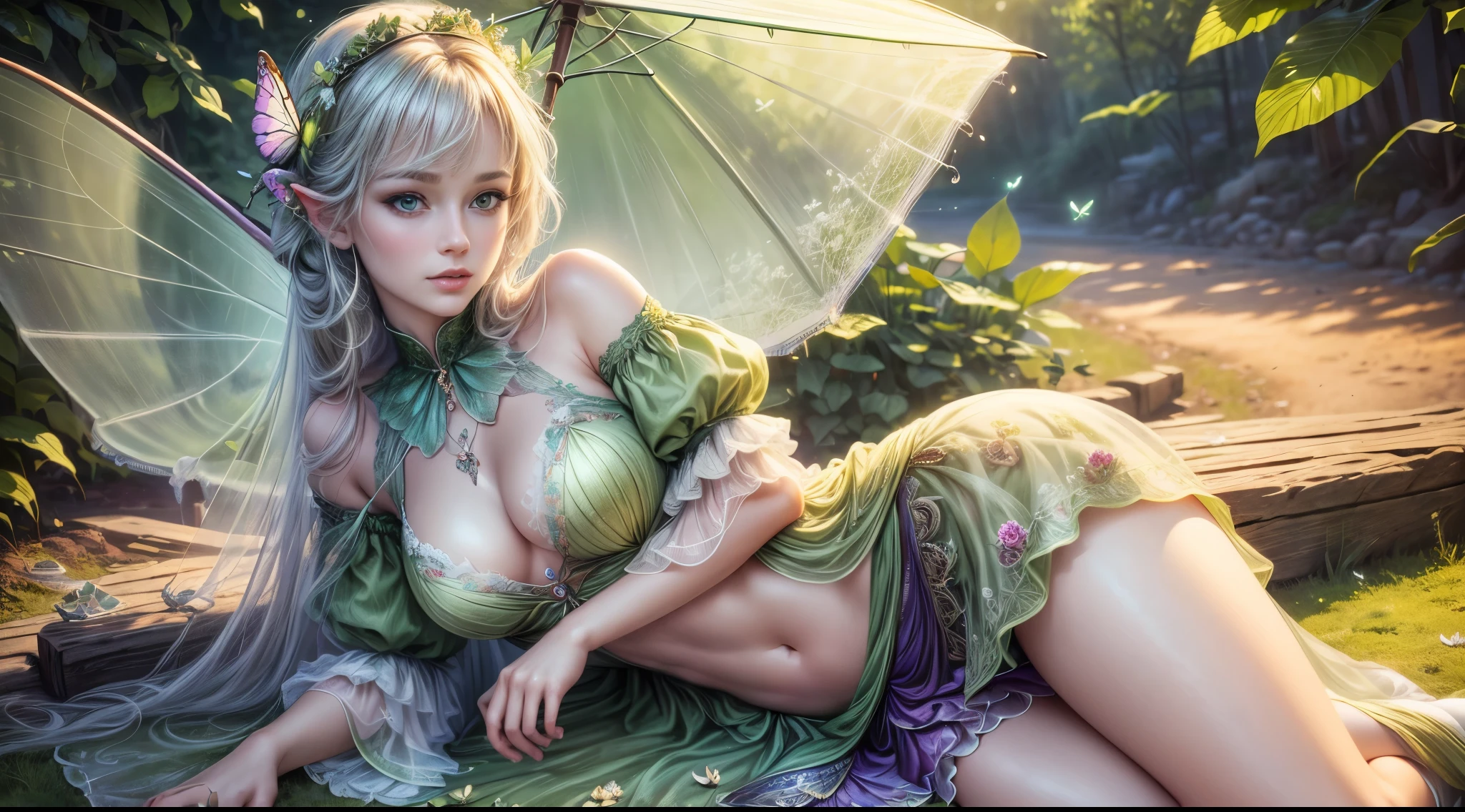 (best quality,4k,8k,highres,masterpiece:1.2),ultra-detailed,(realistic,photorealistic,photo-realistic:1.37),fairy,grasshopper-like,parasol,green under clothes,catching butterflies,delicate wings,long eyelashes,vibrant colors,portraits,soft lighting