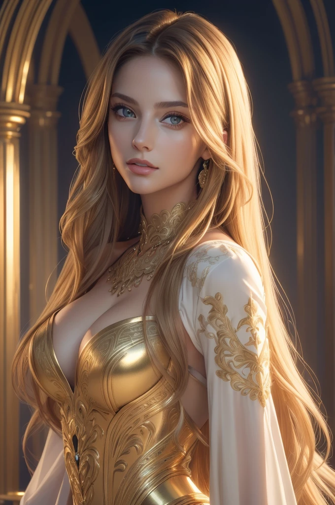 (best quality:1.2,Special details,photorealistic portrait:1.37),beautiful woman,golden eyes,(Elegant,long flow,flow smoothly:1.1) hair,sexy tits, Strapless, cropped waist shirt, golden ratio, complicated details, beauty of nature, bright colors, soft light