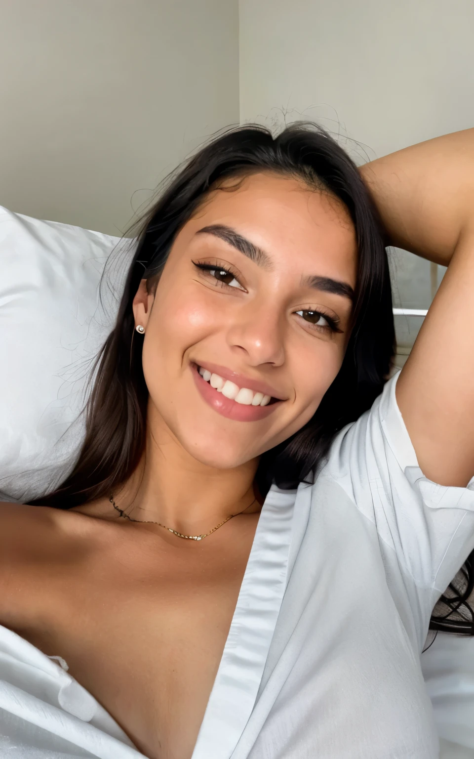photorealistic, sharp focus, raw photo,  photo, beautiful 20 y.o latina-spanish girl, , detailed skin poreace texture, pores, (goosebumbs:0.7), photorealistic, beautiful 20 y.o latina-spanish girl, in bed selfie, wearing white shirt, smiling towards the camera, nice body, looking at camera, angle taken from lifted right hand on an iphone 14 camera, messy hair in bed