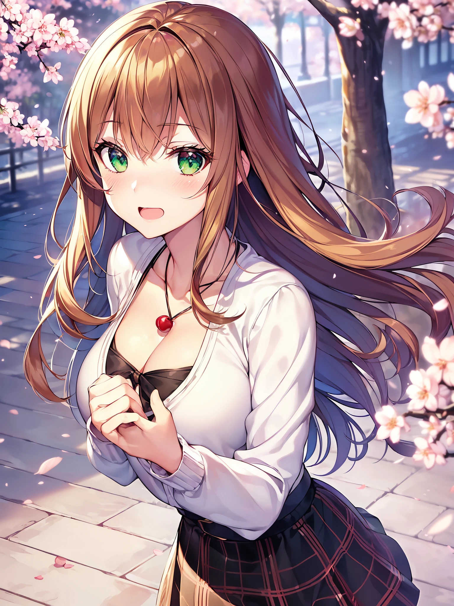 ((masutepiece, best quality, hight resolution, ticker, Perfect Pixel, Depth of the bounds written, In 4K, ticker, ticker))), 1girl in, Single, solo, Beautiful anime girl, Beautiful Art Style, Anime Character, ((Long hair, Bangs, Brown hair)), ((green eyes:1.4, rounded eyes, Beautiful eyelashes, Realistic eyes)), ((Detailed face, Blushing:1.2)), ((Smooth texture:0.75, Realistic texture:0.65, Photorealistic:1.1, Anime CG style)), ((cleavage, busty)), dynamic angle, Perfect body, ((POV, dynamic pose, Portrait)), ((White sweater, Long sleeve, Black skirt, plaid skirts, Fashionable, 1 handbag, 1 Diamond Necklace, Visible bra:0.95)), shy smile, Open mouth, amusement park, ((The cherry tree, Cherry blossoms fall))