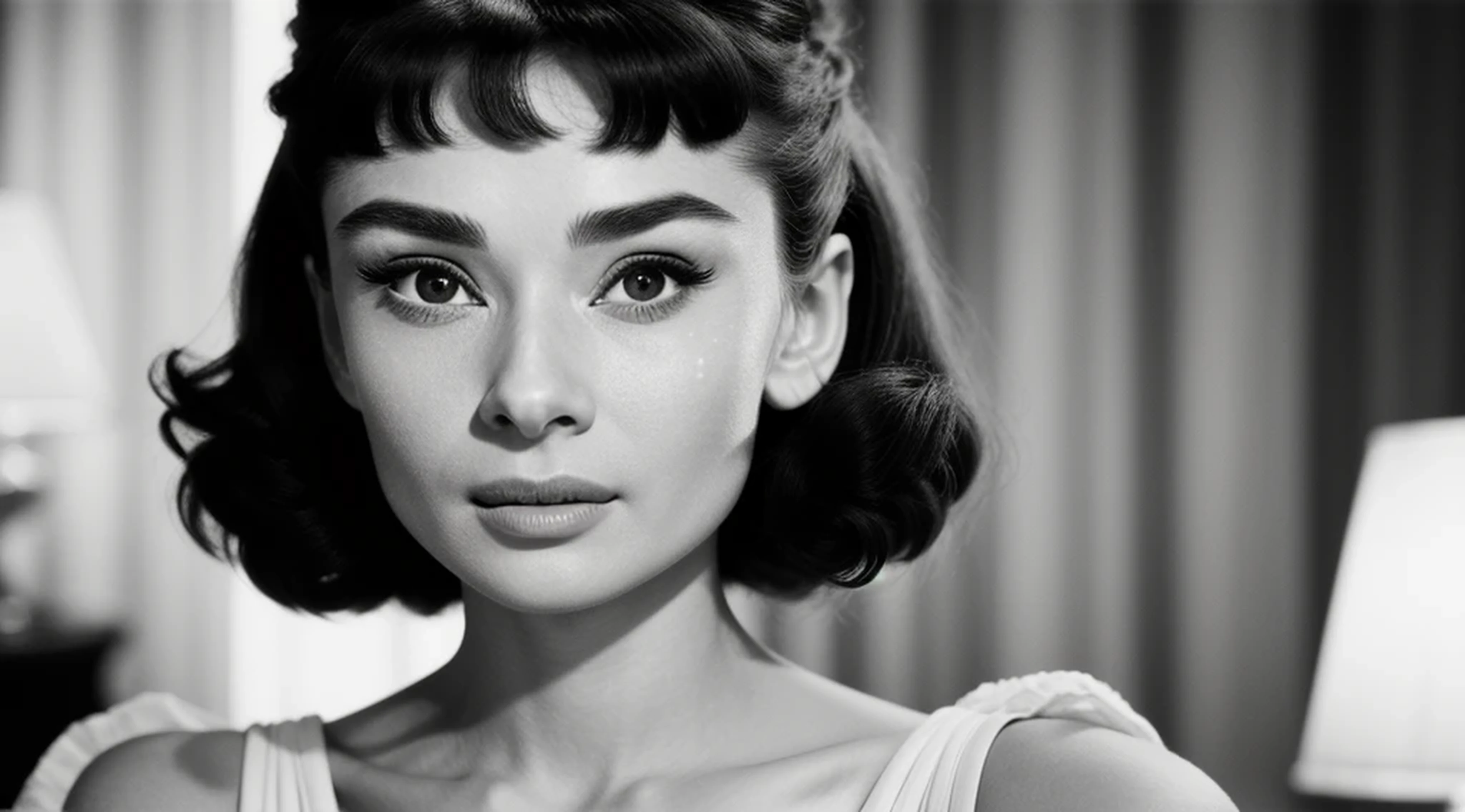 ((black and white filter)), AudreyHepburn, focus on eyes, close up on face,  short black hair styled cascading curls bun, portrait photo of a beautiful young actress: (AudreyHepburn is in the black and white Roman Holiday movie film (1953)), hotel room, Award - winning photograph, Masterpiece, 8k, ultra high res, hyper detailed, perfect flawless face, rule of thirds, Realistic Perfect eyes and pupils, Perfect full lips, upturned nose, highly detailed shining hair, ((detailed facial featureinely detailed skin), tanned skin, skin pores, skin blemishes, realistic skin texture, intricate details, photorealism, hyperrealism, ultra realistic, lifelike textures, neutral colors, cinematic lighting, dramatic lighting, backlight on hair, sharp focus, wide angle, film grain, dslr, raw photo,