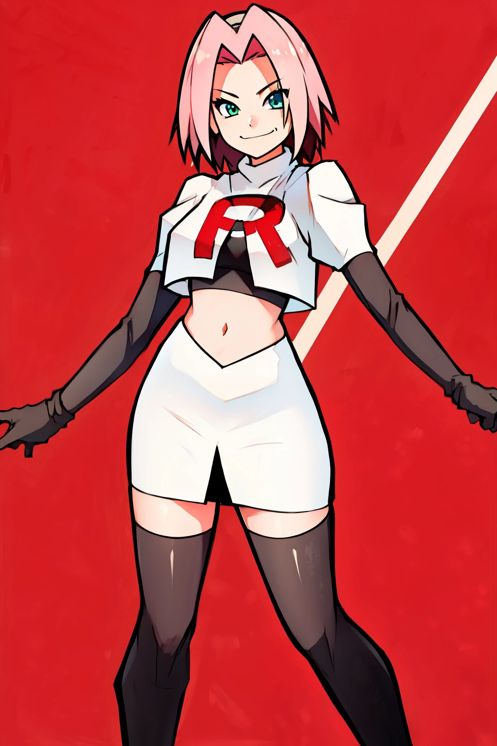 haruno sakura ,rocket,team rocket uniform, red letter R, white skirt,white crop top,black thigh-high boots,black elbow gloves, evil smile, look at viewer,