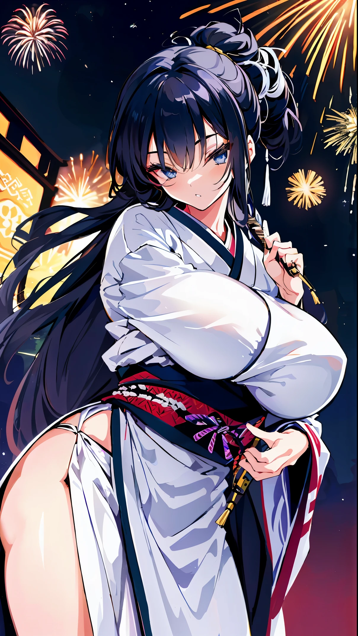 (best quality,4k,anime), a beautiful anime girl with very large breasts and long black hair,((SSR rank character)). She is the main focus of the scene, with her detailed eyes, detailed lips, and a face full of expressions. She is wearing a traditional Edo period kimono, which adds an elegant touch to the overall composition. The girl is seen standing in a picturesque garden in Edo, surrounded by vibrant blooming flowers. In the background, there are fireworks illuminating the night sky, creating a mesmerizing spectacle. She is skilled in the art of ninjutsu, and is depicted holding a (realistic) ninja sword