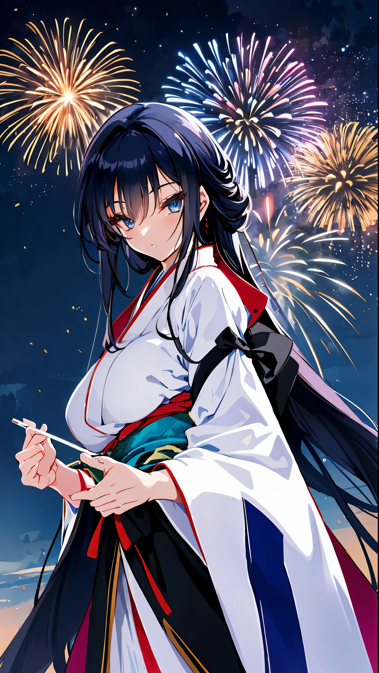 (best quality,4k,anime), a beautiful anime girl with very large breasts and long black hair,((SSR rank character)). She is the main focus of the scene, with her detailed eyes, detailed lips, and a face full of expressions. She is wearing a traditional Edo period kimono, which adds an elegant touch to the overall composition. The girl is seen standing in a picturesque garden in Edo, surrounded by vibrant blooming flowers. In the background, there are fireworks illuminating the night sky, creating a mesmerizing spectacle. She is skilled in the art of ninjutsu, and is depicted holding a (realistic) ninja sword