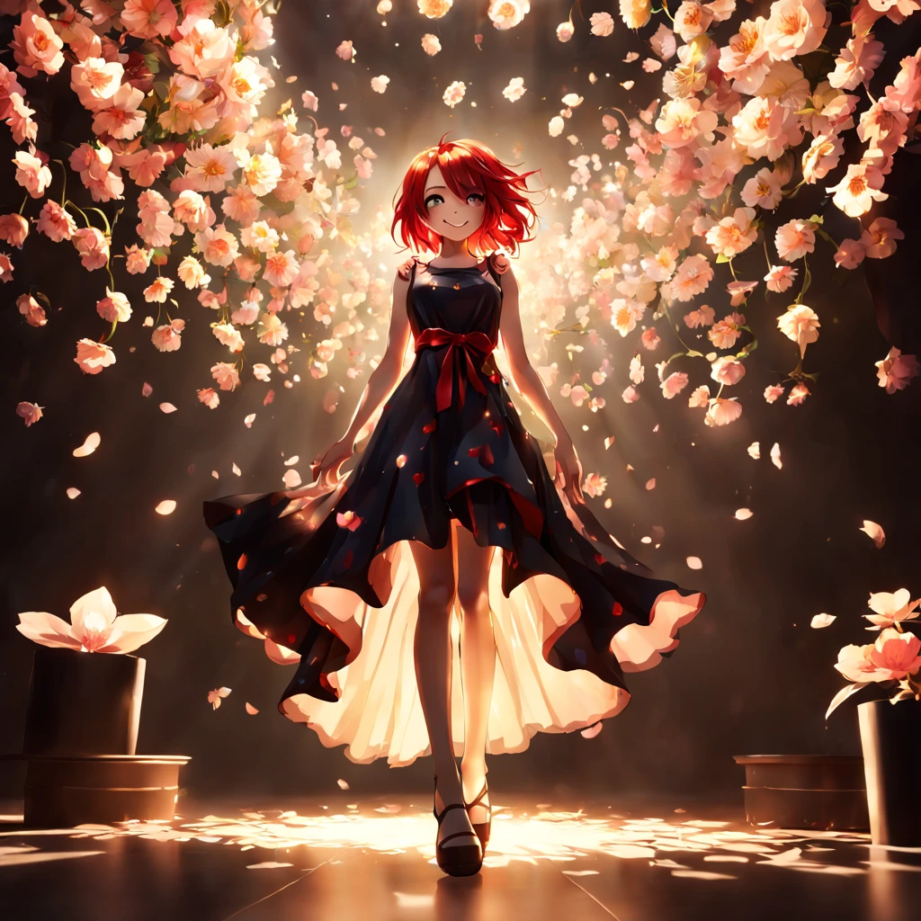 highly detailed, 8k, masterpiece, 1girl, Red tied_hair, dress , crazy_smile, (perfect_face), detailed_background, full_body, bloom,(beautiful lighting:1.3), caustics, dynamic lighting, from_below
