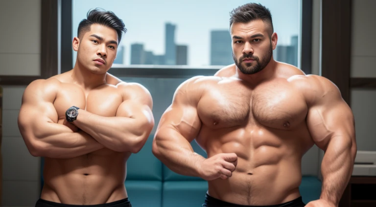 (Very detailed 8k wallpaper), two asian men, muscle worship, arms folded, On the playground, high detailing, buzzcut, very large and strong body, bulging muscles, well-muscled, very large pectoral muscles. Very sexy abs, legs are well-muscledの, Toned figure, lightens oily skin, well-muscledの, Tank top, T-shirt, longshot, Wide Shot