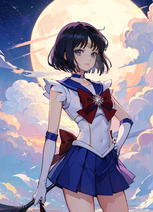 (​masterpiece、top-quality:1.2), 独奏, 1girl in, Sailor Saturn, magical  girl, ssmile, Look at viewers, put your hands on your hips, tiarra, Sailor Senshi Uniform, pleatedskirt, elbowgloves, jewely, brooches, a choker、natta、stele、fullmoon、