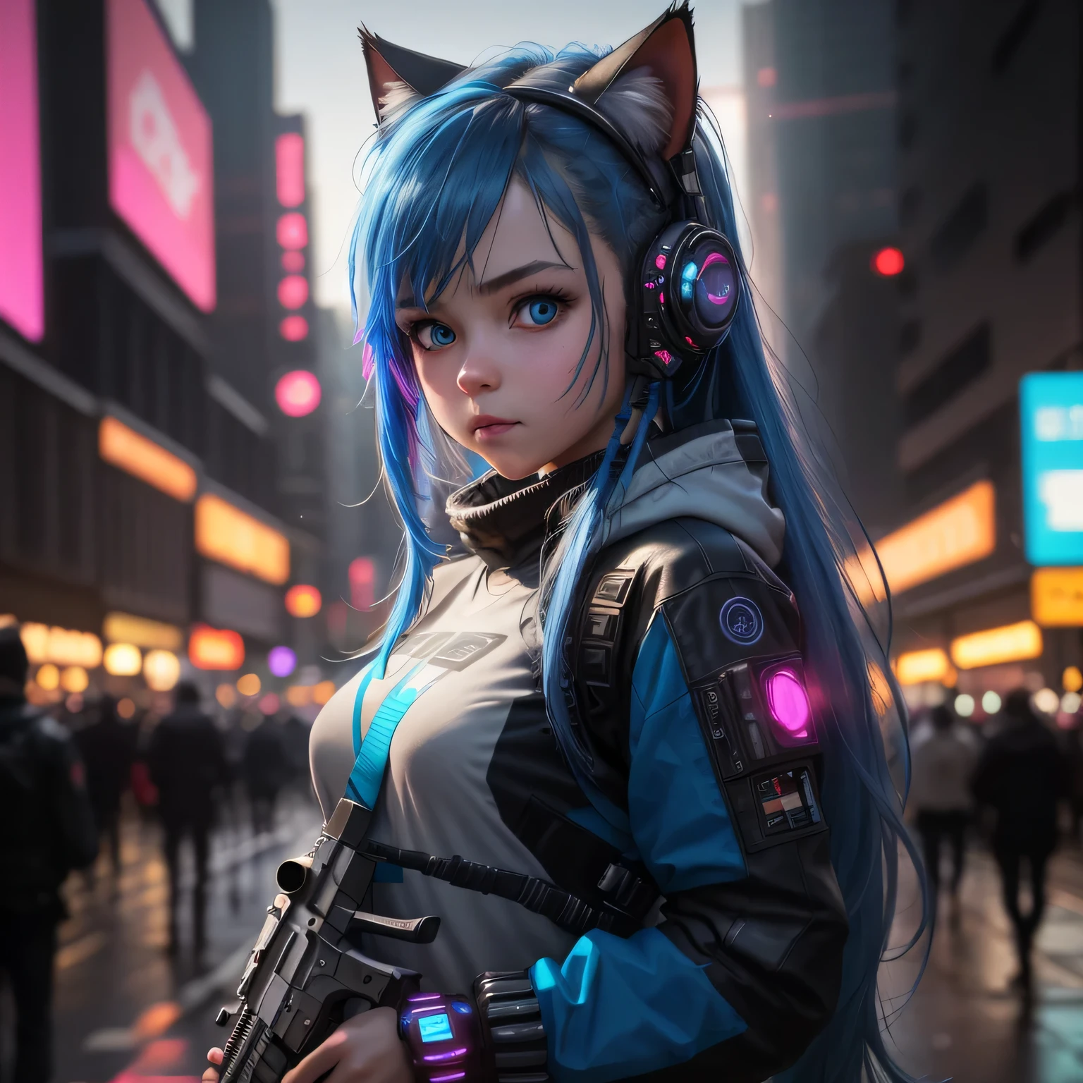 (8k, HDR, RAW photo, best quality, masterpiece:1.2, realistic lighting), a girl, child, solo, holding a gun, long hair, blue hair, path traced hair, (blue cat ears), blue eyes, nice hands, babyface, beauty eyes, (cyberpunk:1.3), blue mecha armor, mechanical shoulder, neon light, edge lights, look up, upper body.