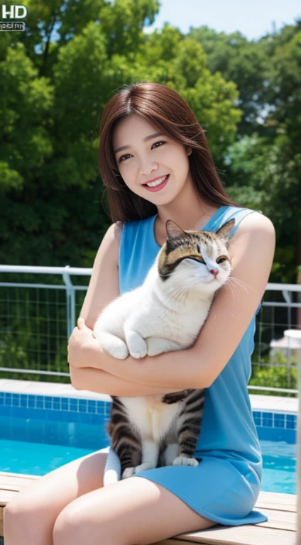 cute beautiful girl, Sitting hugging a smiling cat,UHD 8k realistic 3D Animation images, 1080HD, highest resolution, Maximum clarity, Scene outside the balcony, By the pool